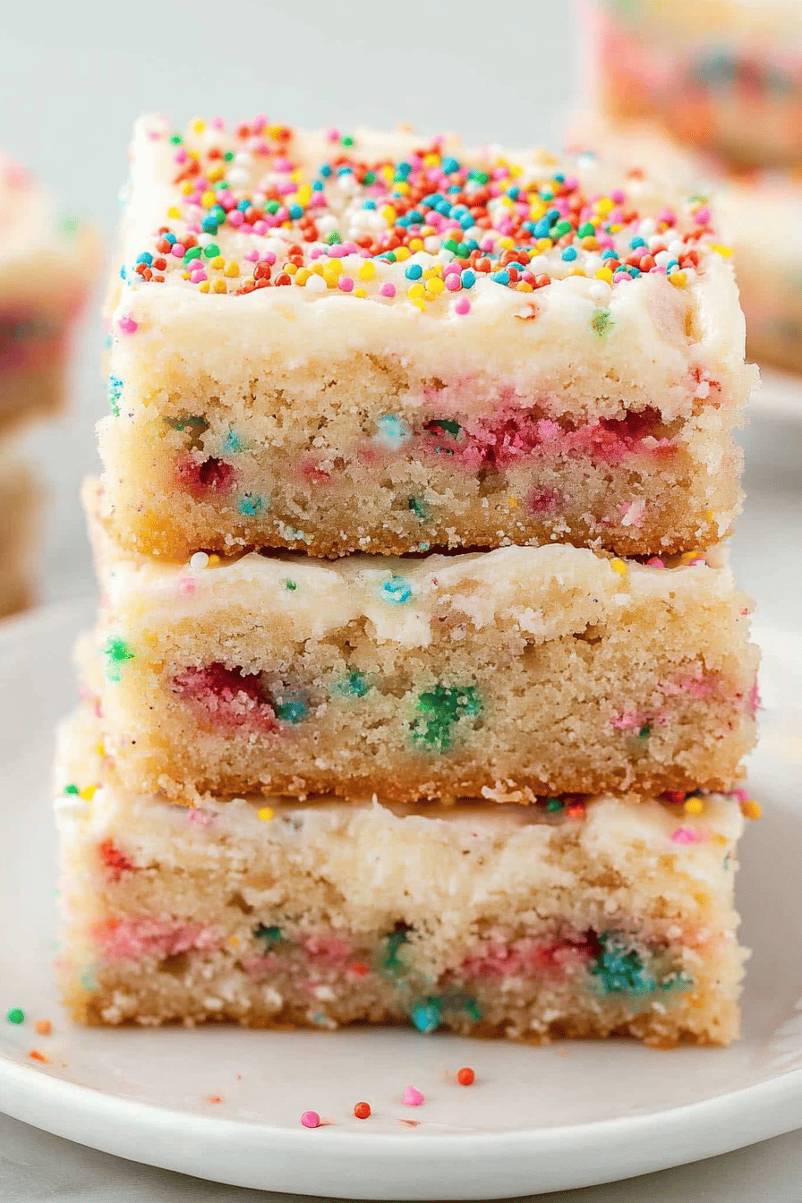 Funfetti Cake Batter Cookie Bars slice on plate showing perfect texture and swirl pattern