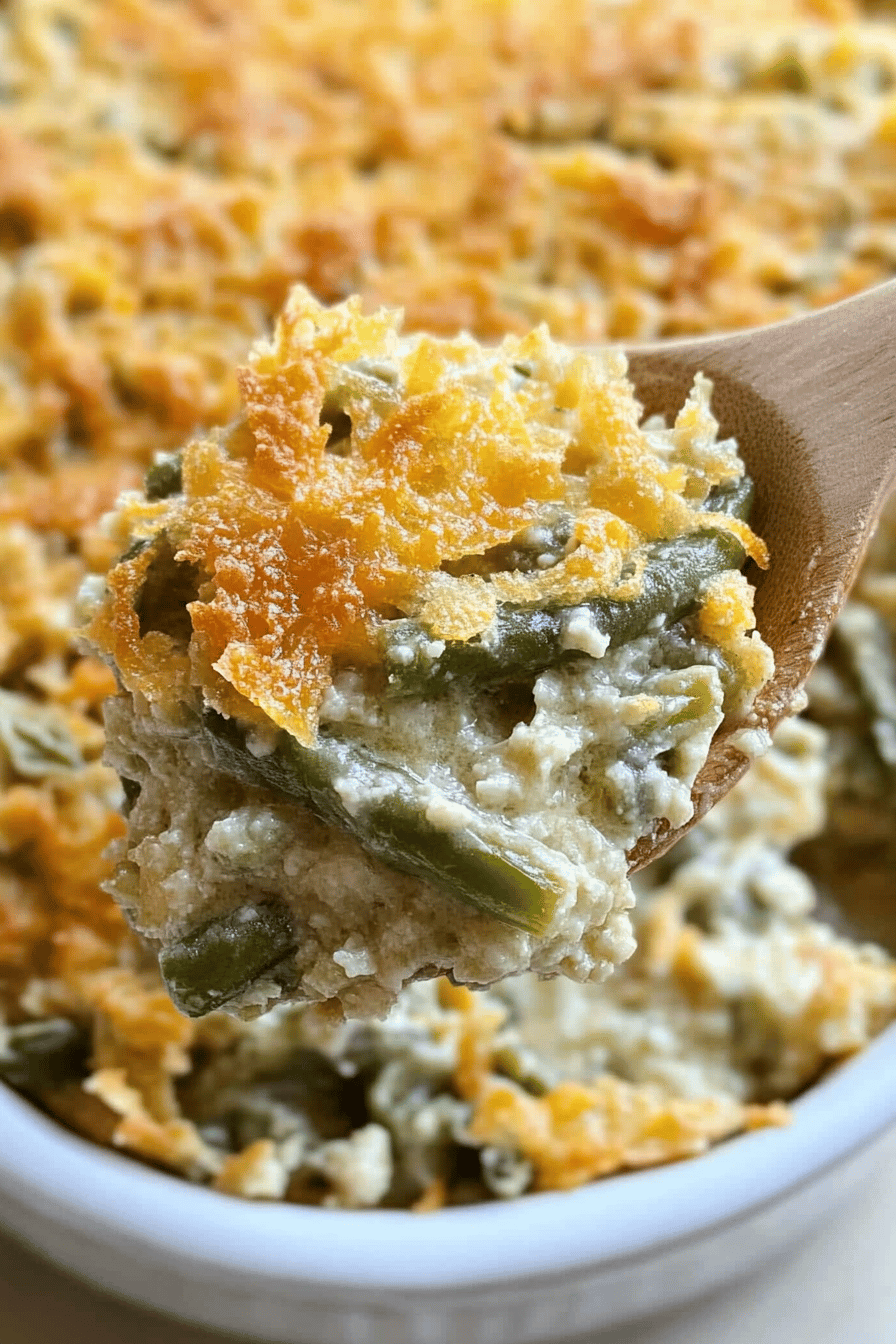 Green Bean Casserole Recipe slice on plate showing perfect texture and swirl pattern