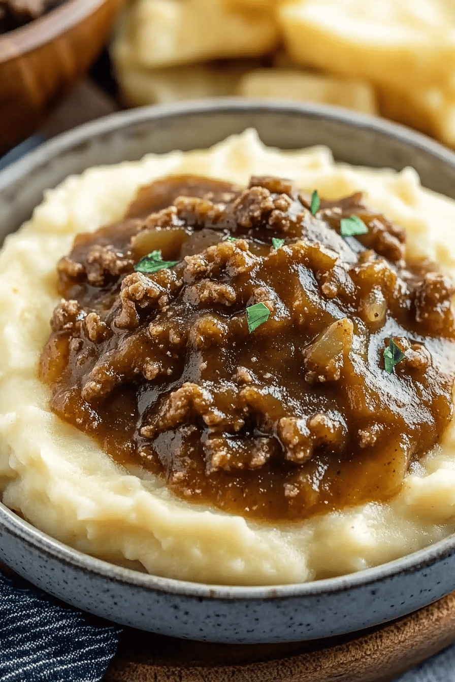 Ground Beef and Gravy final dish beautifully presented and ready to serve