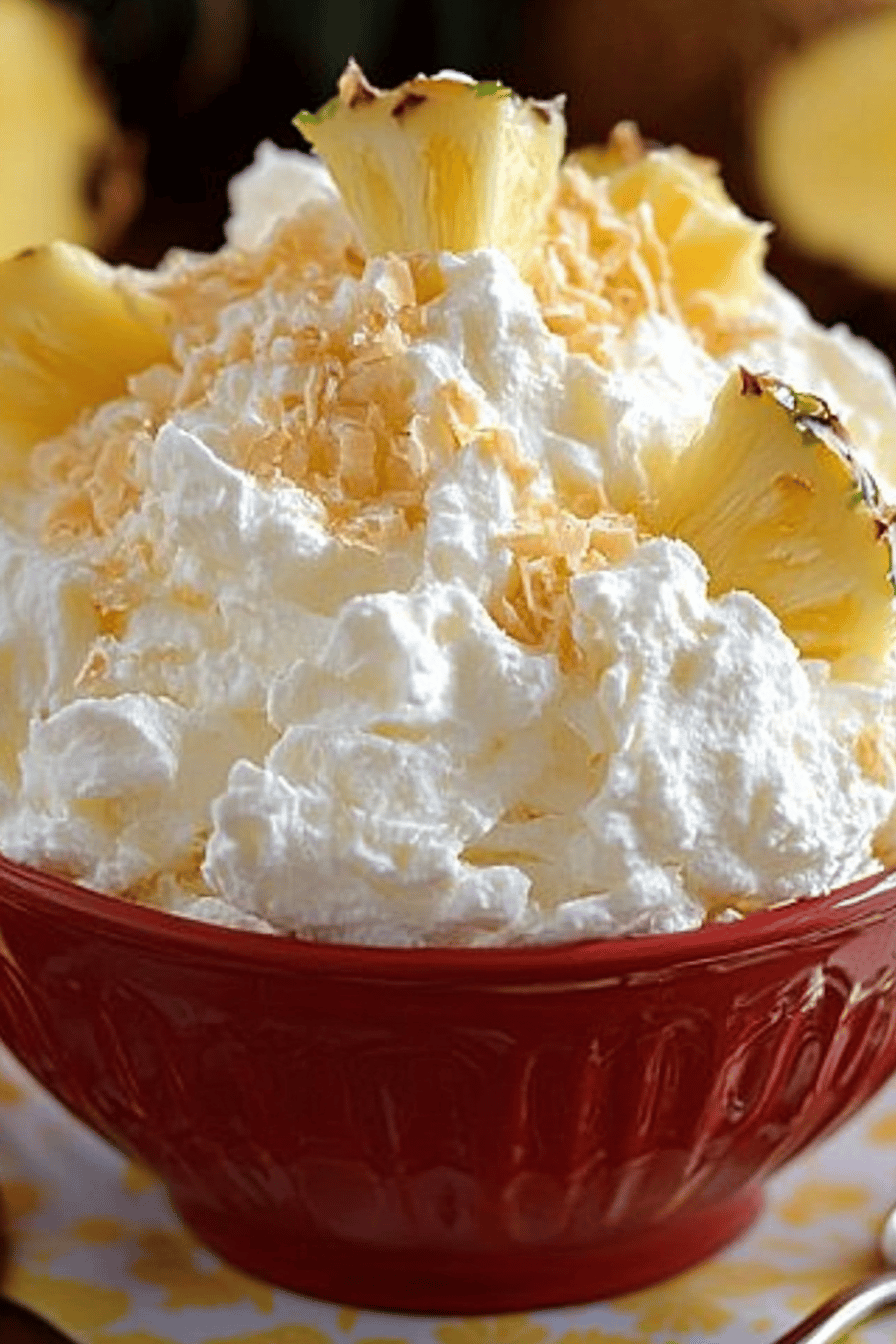 Hawaiian Pineapple Coconut Fluff slice on plate showing perfect texture and swirl pattern