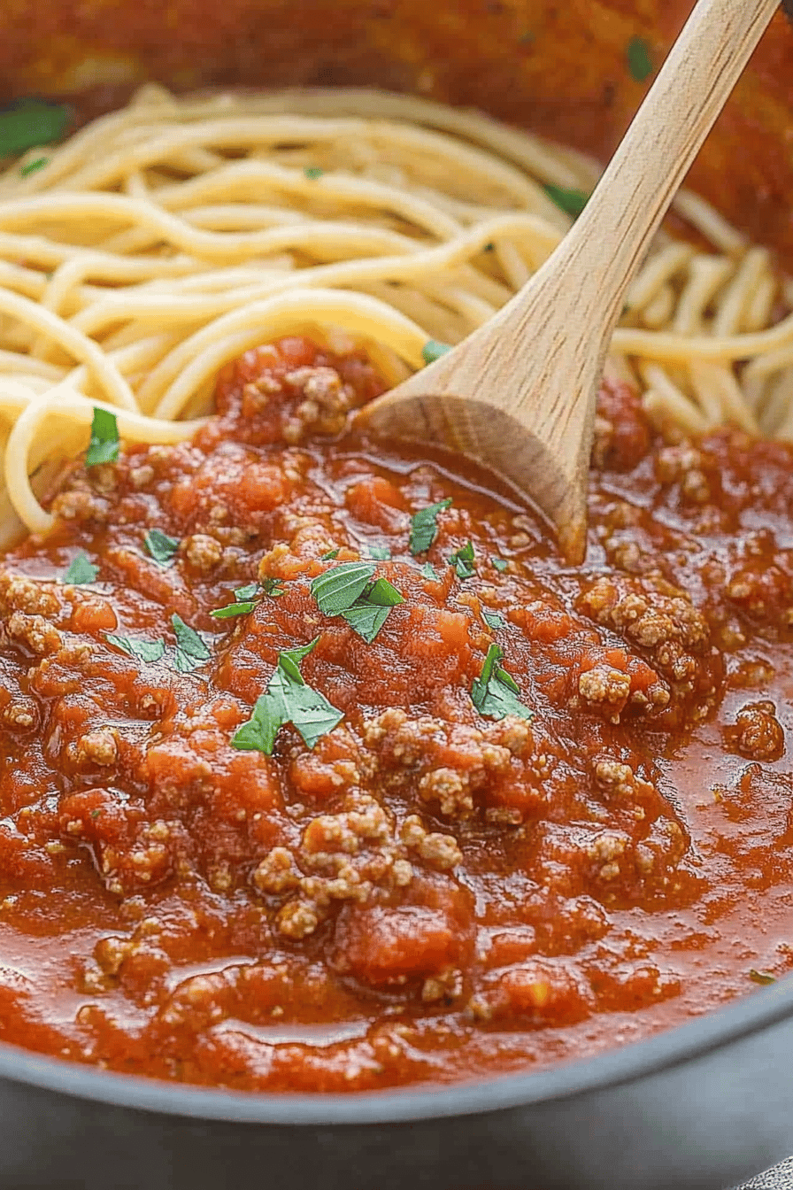Homemade Spaghetti Meat Sauce slice on plate showing perfect texture and swirl pattern