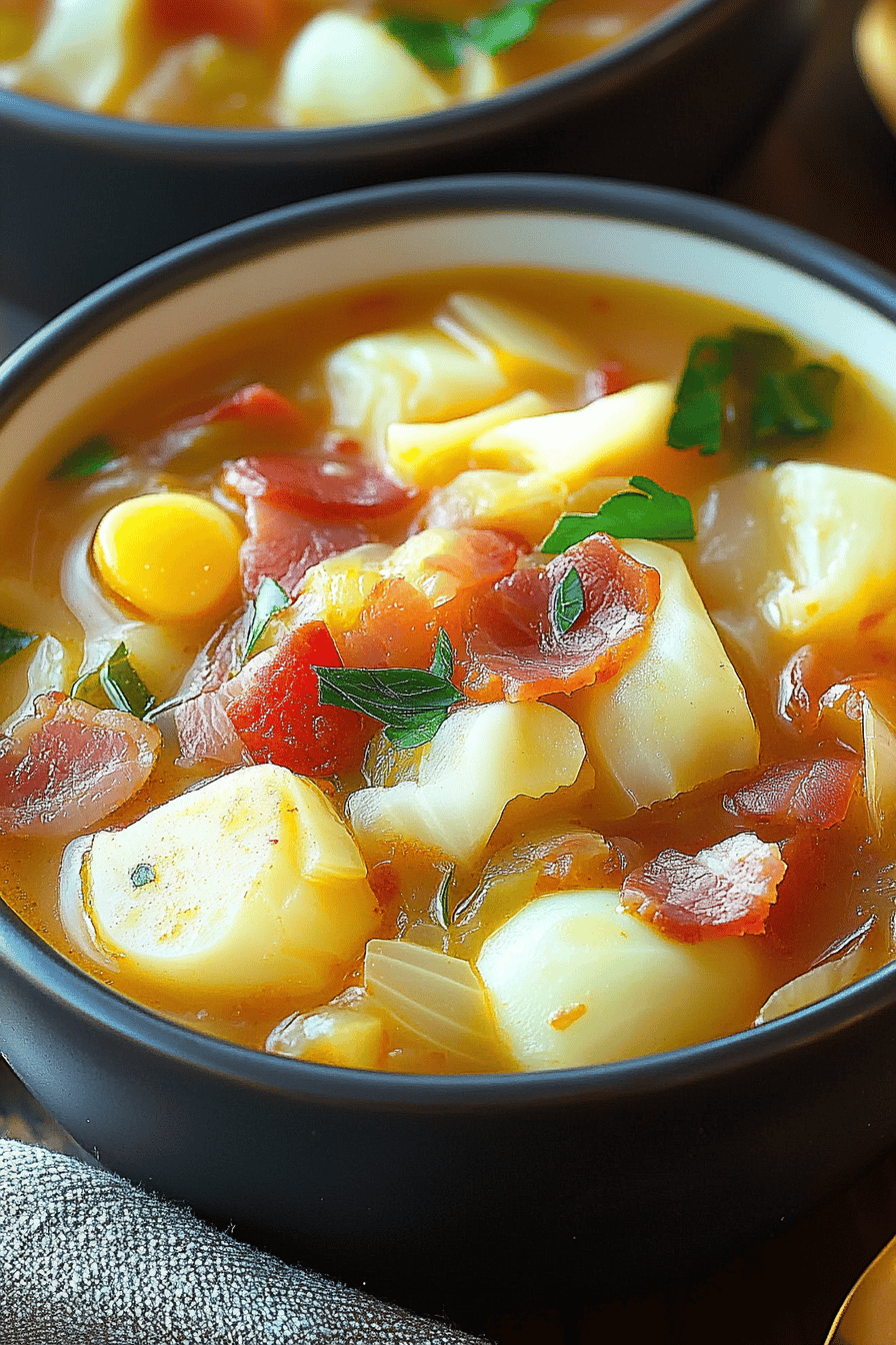 Irish Bacon Cabbage Soup final dish beautifully presented and ready to serve