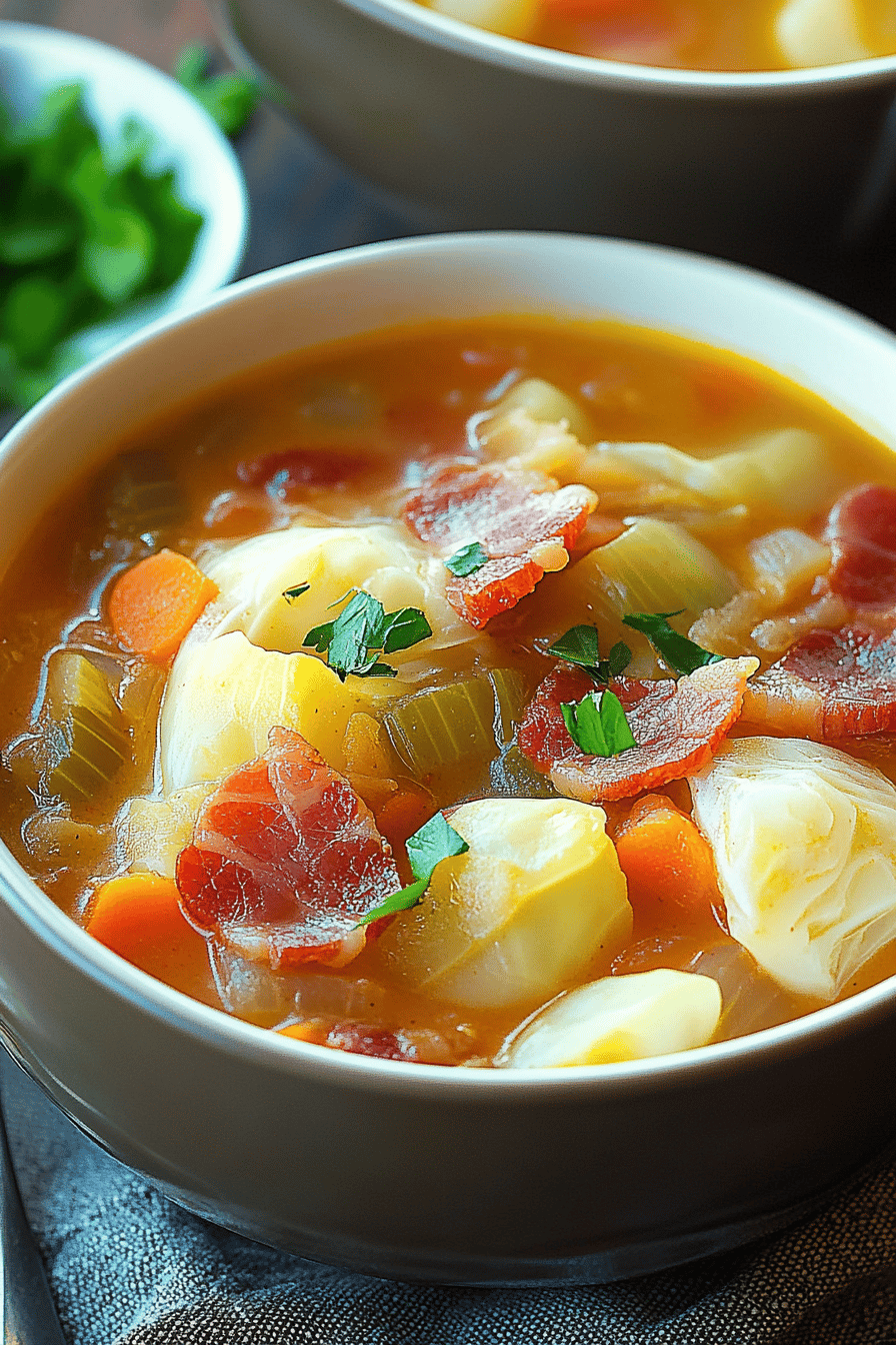 Irish Bacon Cabbage Soup slice on plate showing perfect texture and swirl pattern