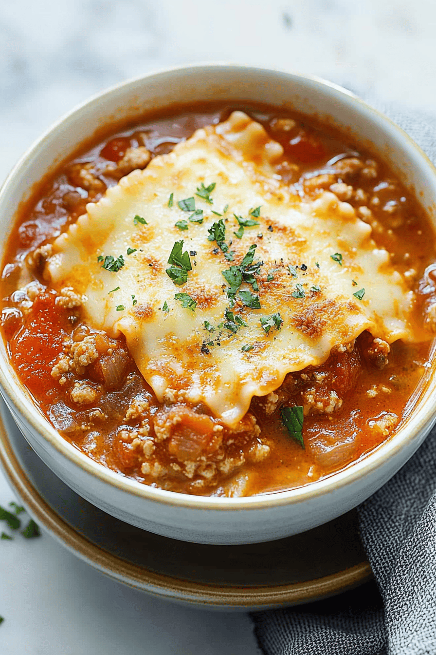 Lasagna Soup slice on plate showing perfect texture and swirl pattern