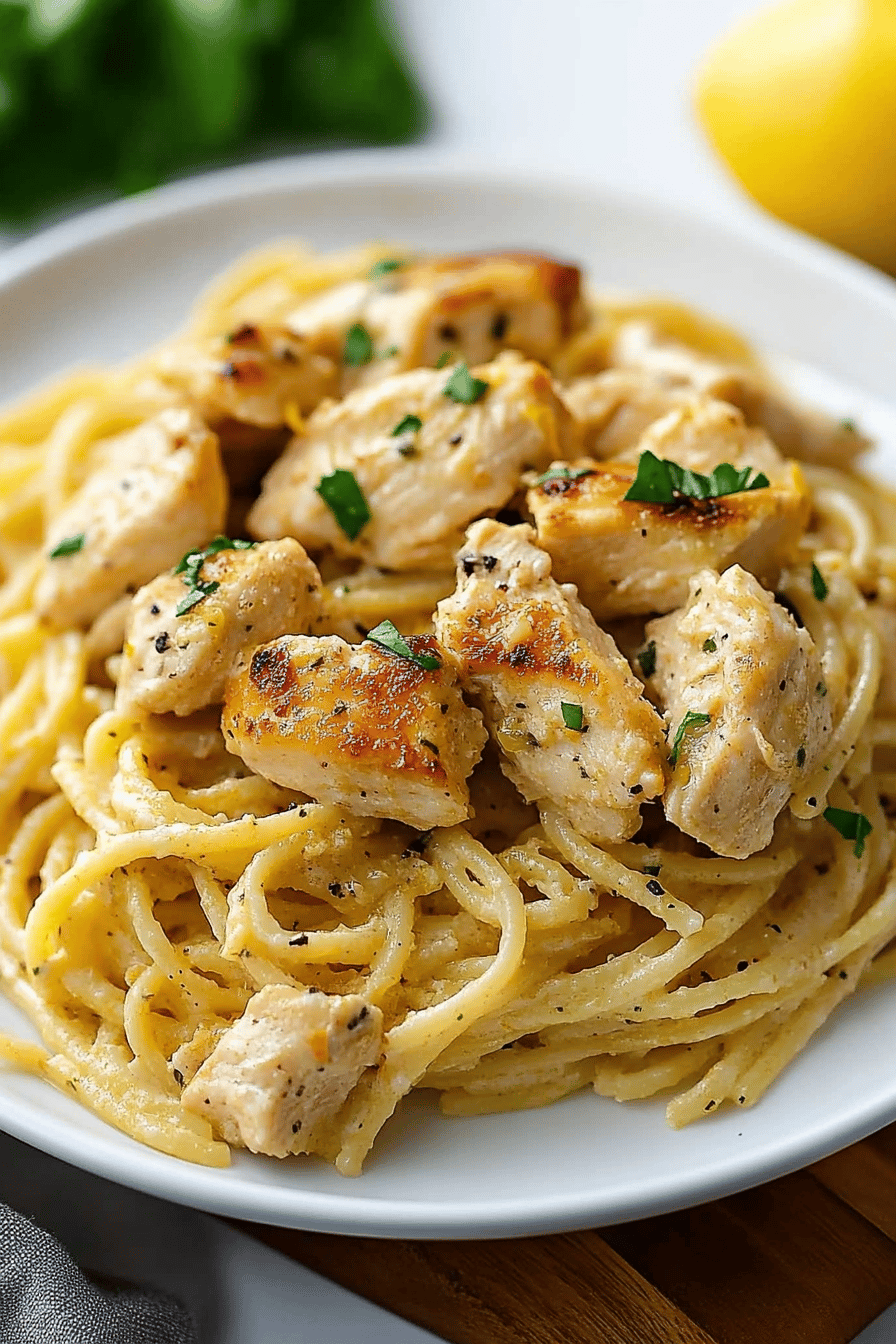 Lemon Chicken Pasta ingredients organized and measured on kitchen counter