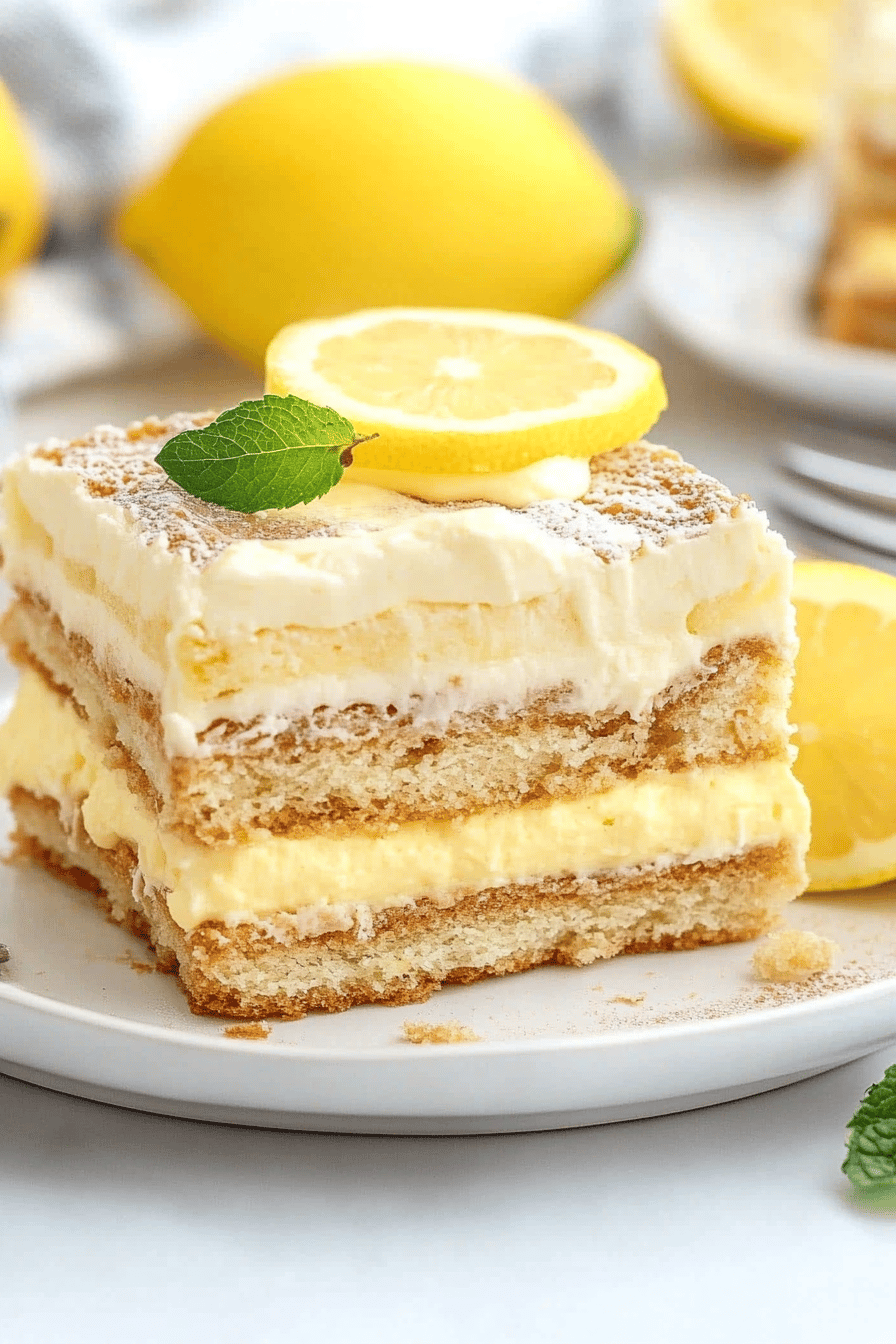 Lemon Eclair Cake Recipe slice on plate showing perfect texture and swirl pattern
