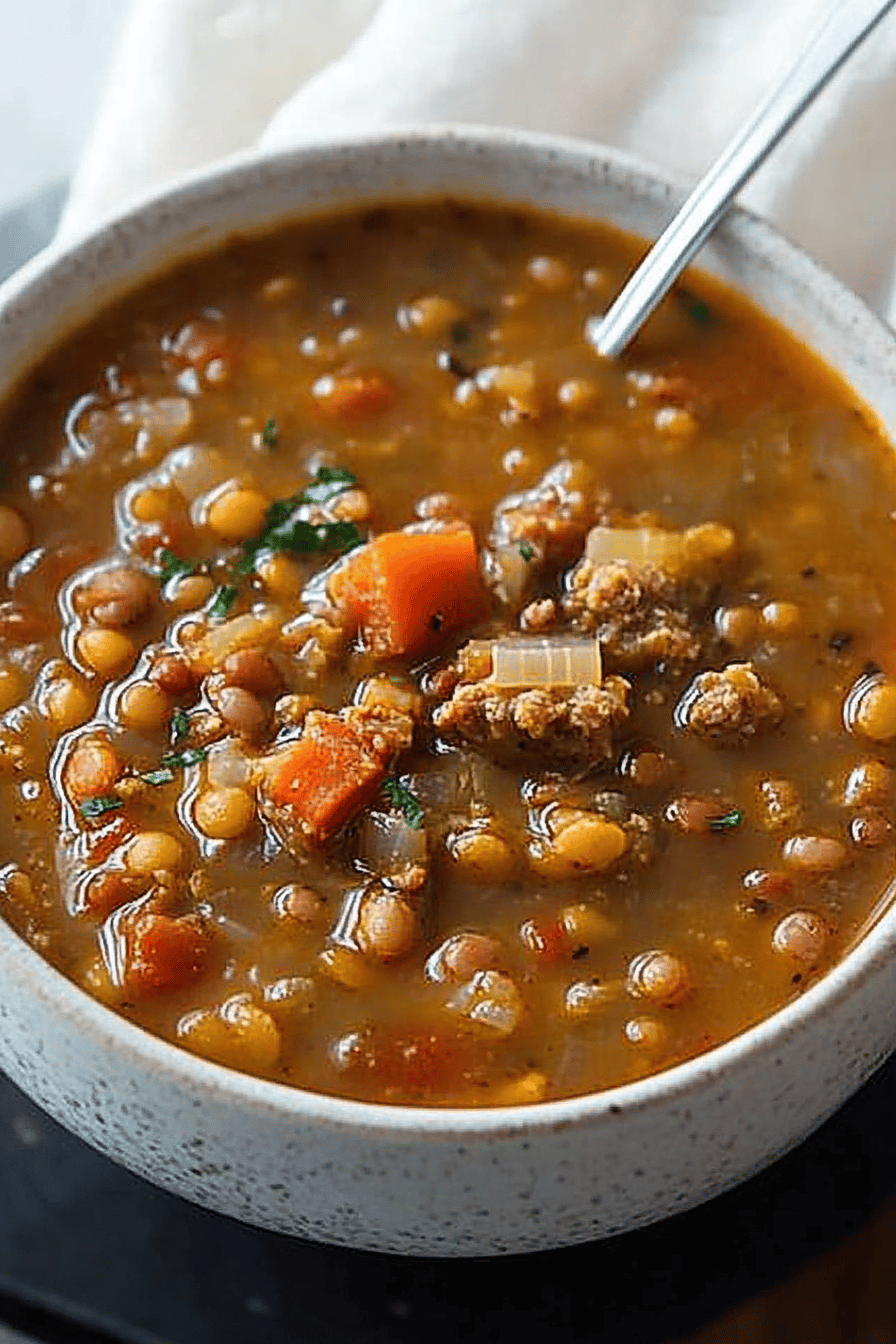 Lentil Sausage Soup slice on plate showing perfect texture and swirl pattern