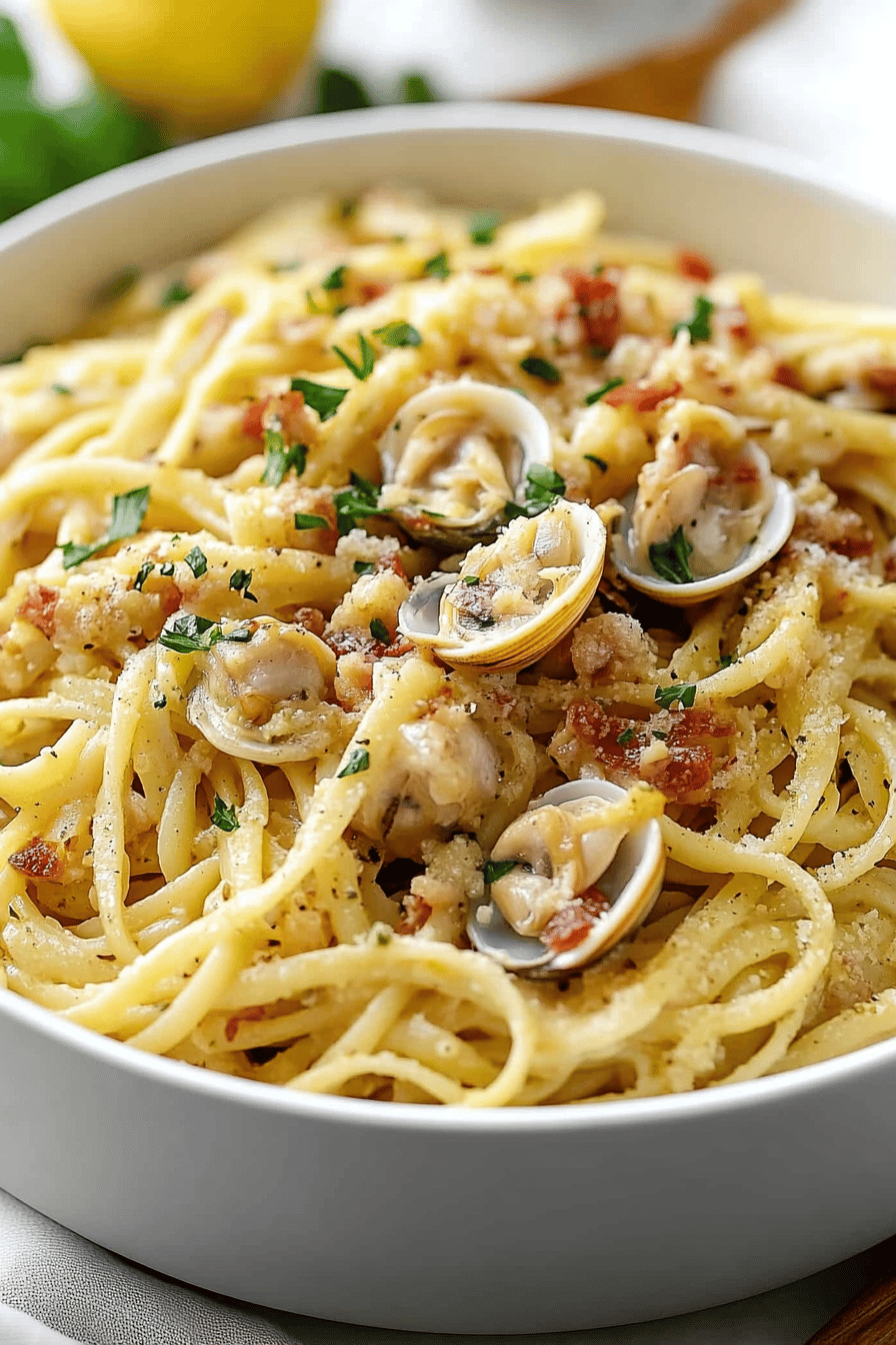 Linguine with Clams ingredients organized and measured on kitchen counter