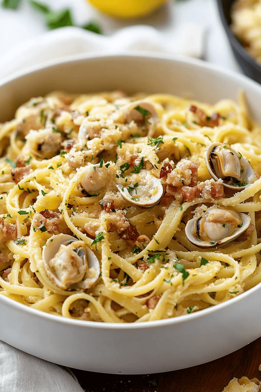 Linguine with Clams final dish beautifully presented and ready to serve