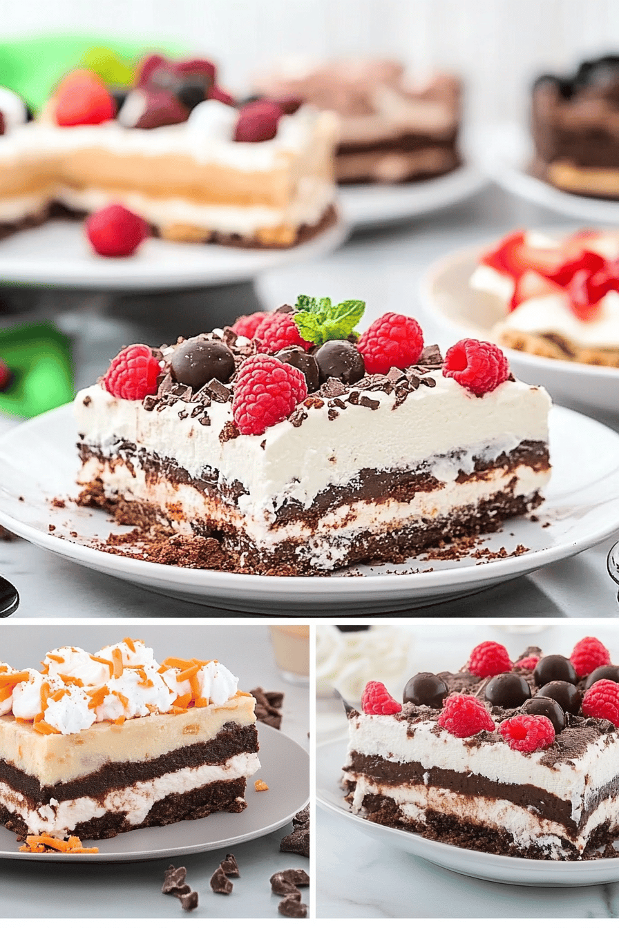 No-Bake Dessert Lasagna slice on plate showing perfect texture and swirl pattern