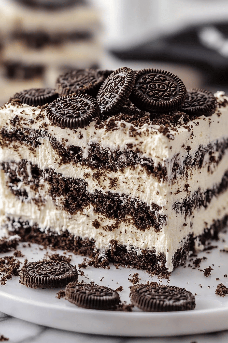 Oreo Icebox Cake slice on plate showing perfect texture and swirl pattern