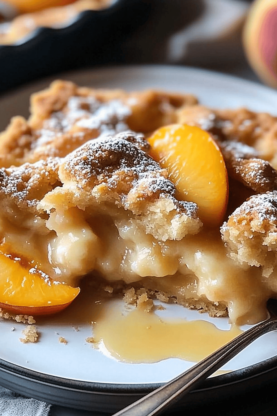 Peach Cobbler Recipe slice on plate showing perfect texture and swirl pattern