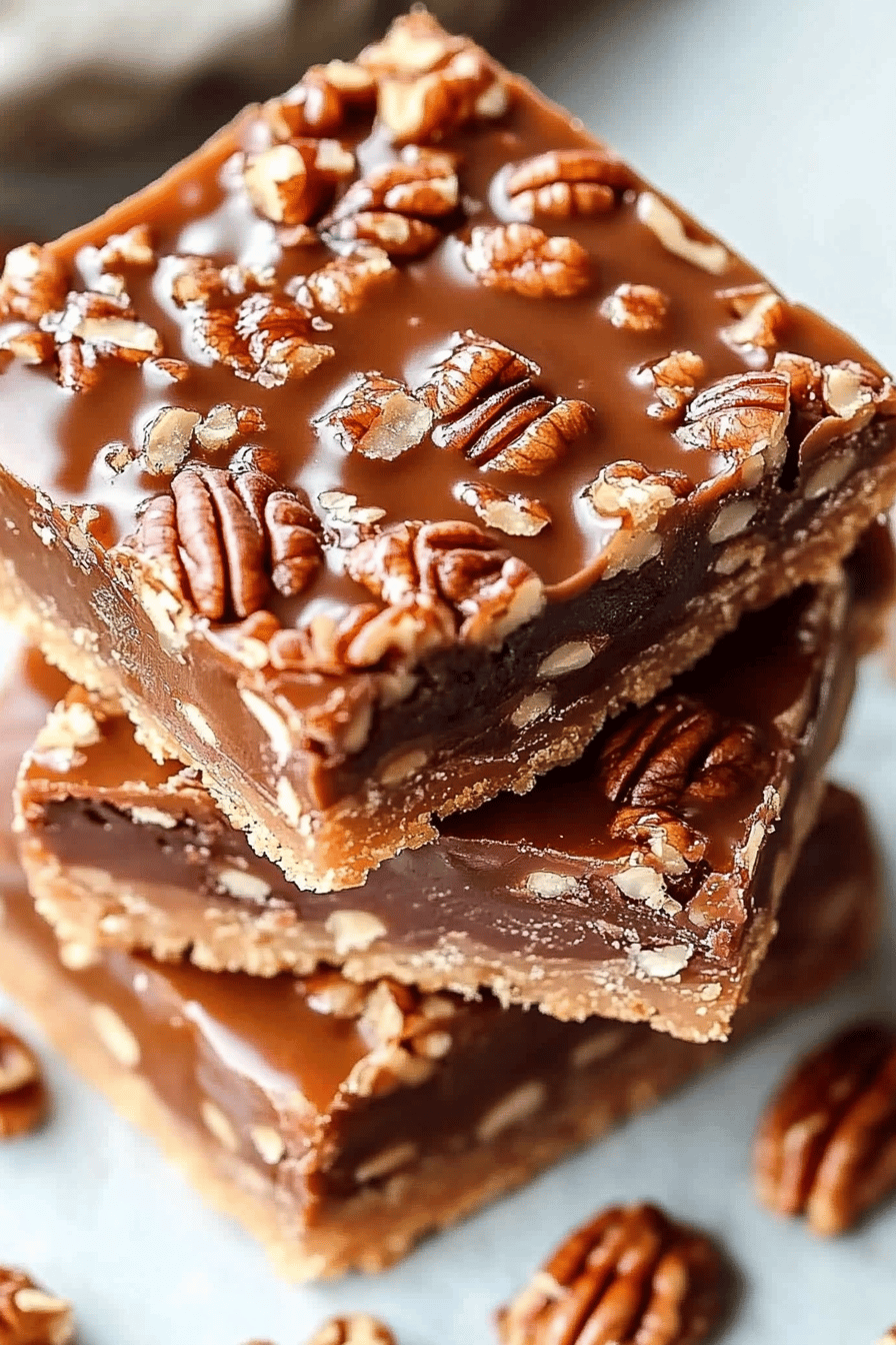 Pecan Turtle Bars slice on plate showing perfect texture and swirl pattern
