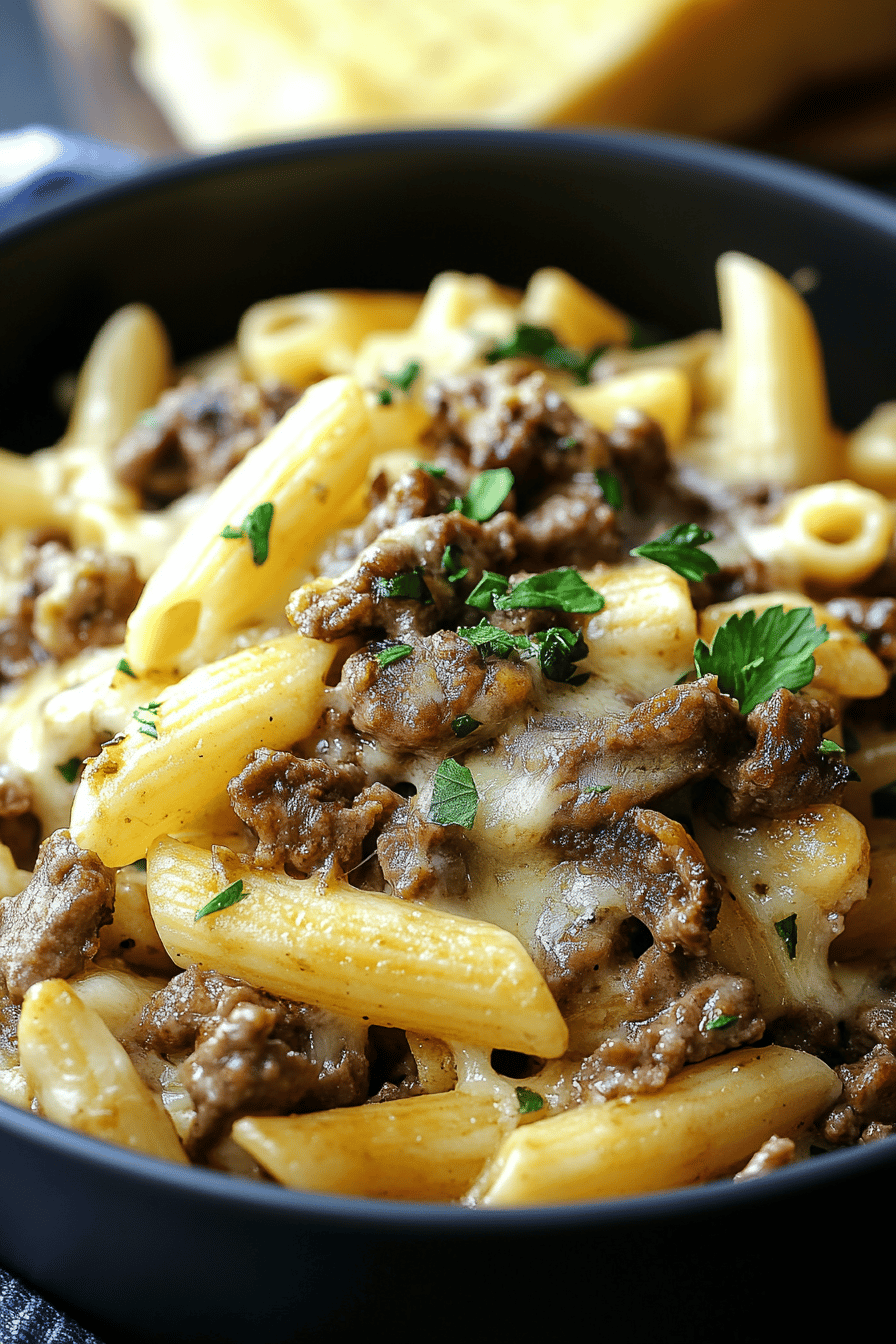 Philly Cheesesteak Pasta Recipe ingredients organized and measured on kitchen counter
