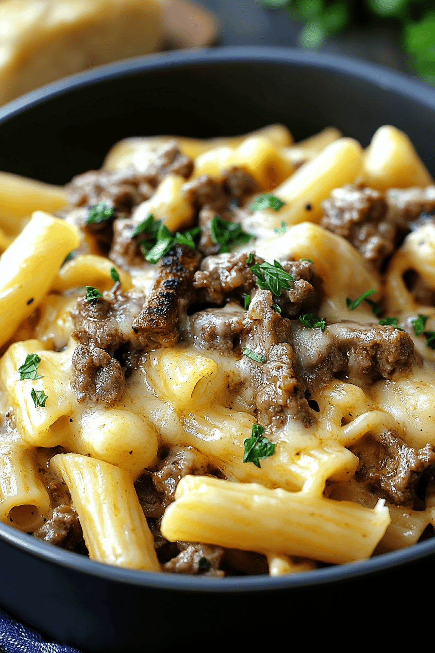 Philly Cheesesteak Pasta Recipe final dish beautifully presented and ready to serve