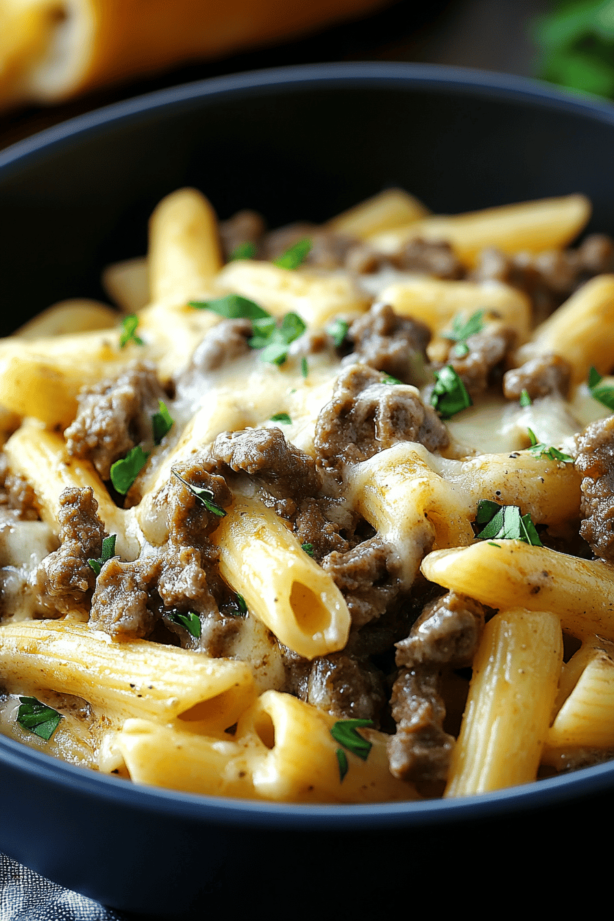 Philly Cheesesteak Pasta Recipe slice on plate showing perfect texture and swirl pattern