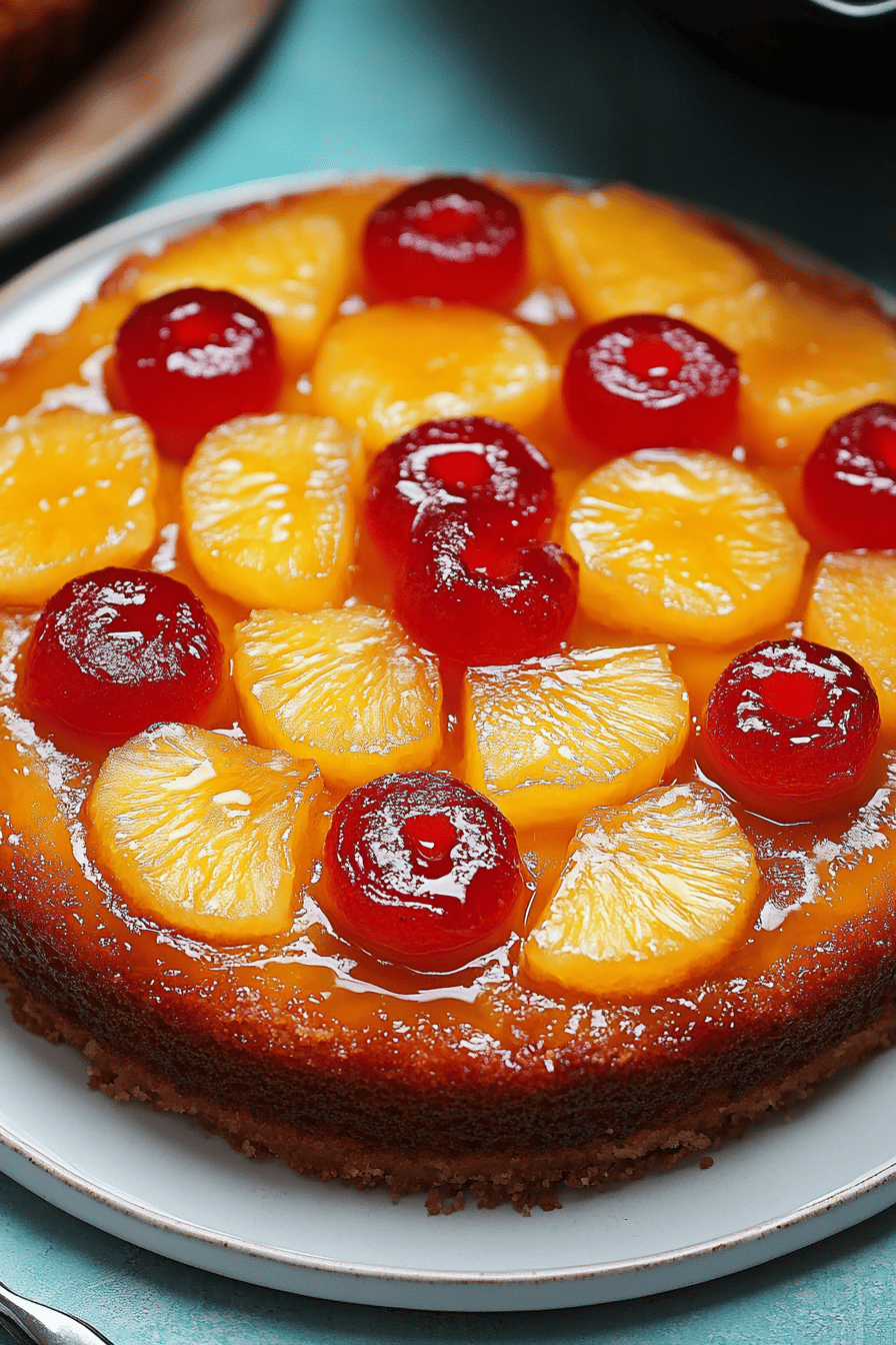 Pineapple Upside-Down Cake slice on plate showing perfect texture and swirl pattern