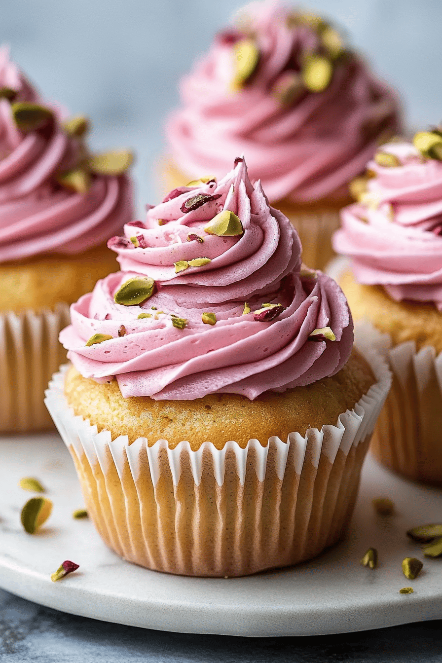 Rose Pistachio Cupcakes final dish beautifully presented and ready to serve
