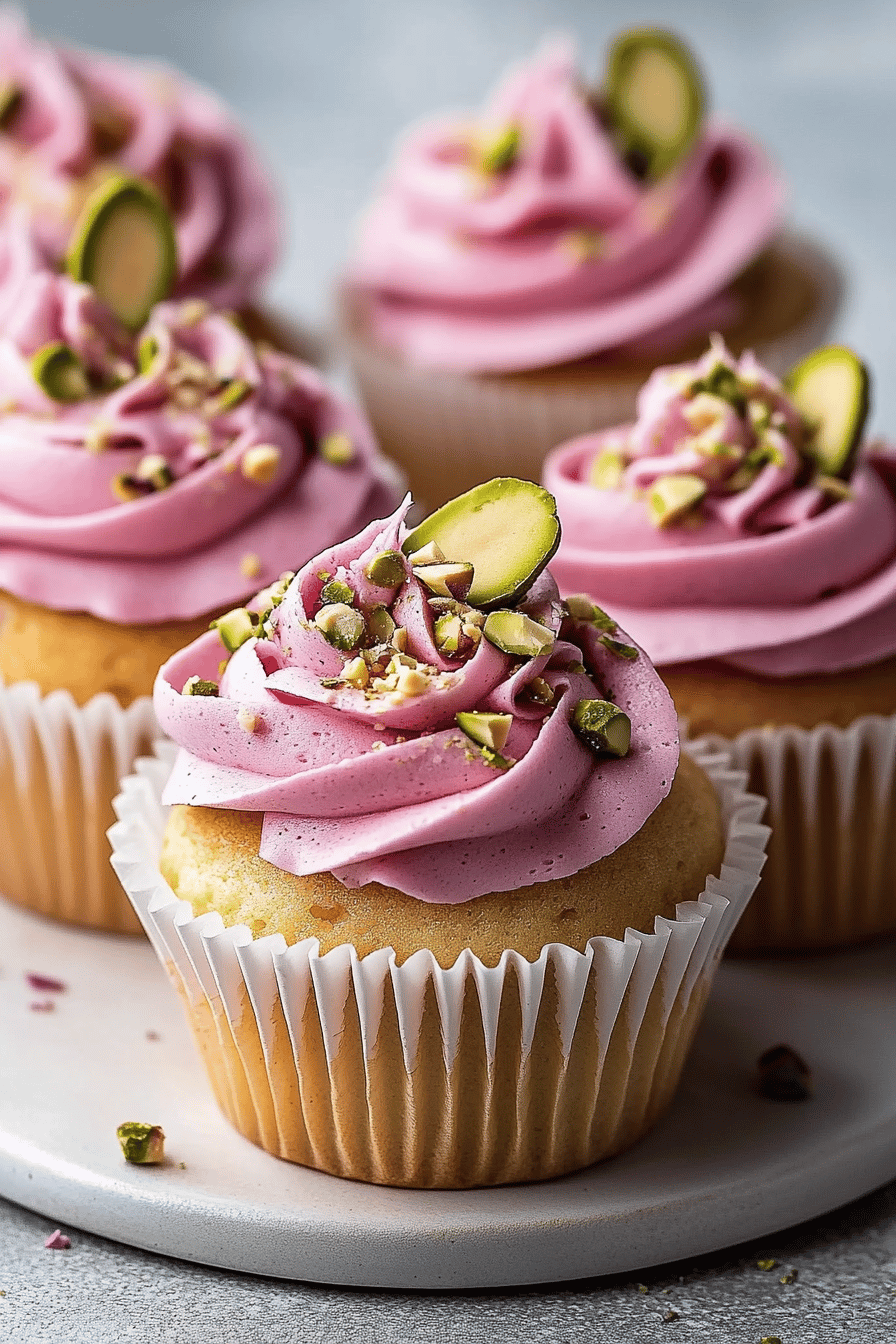 Rose Pistachio Cupcakes slice on plate showing perfect texture and swirl pattern