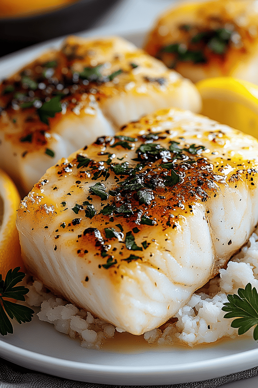 Seared Cod Recipe slice on plate showing perfect texture and swirl pattern