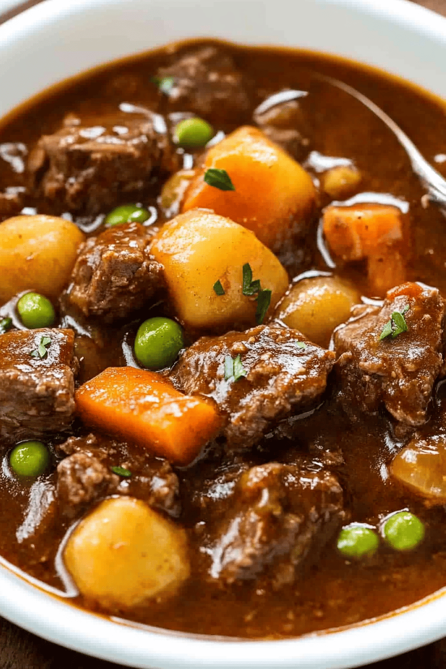 Slow Cooker Beef Stew slice on plate showing perfect texture and swirl pattern