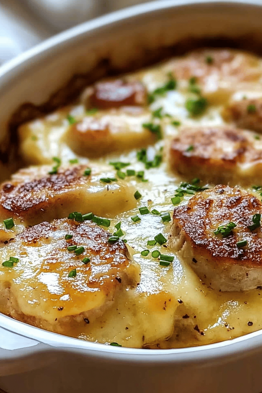 Smothered Pork Chop Casserole slice on plate showing perfect texture and swirl pattern