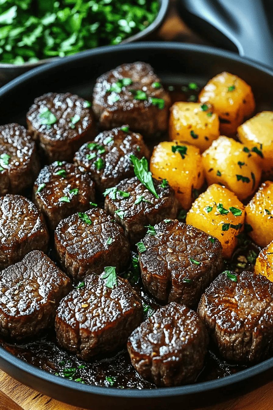 Steak Bites Recipe slice on plate showing perfect texture and swirl pattern