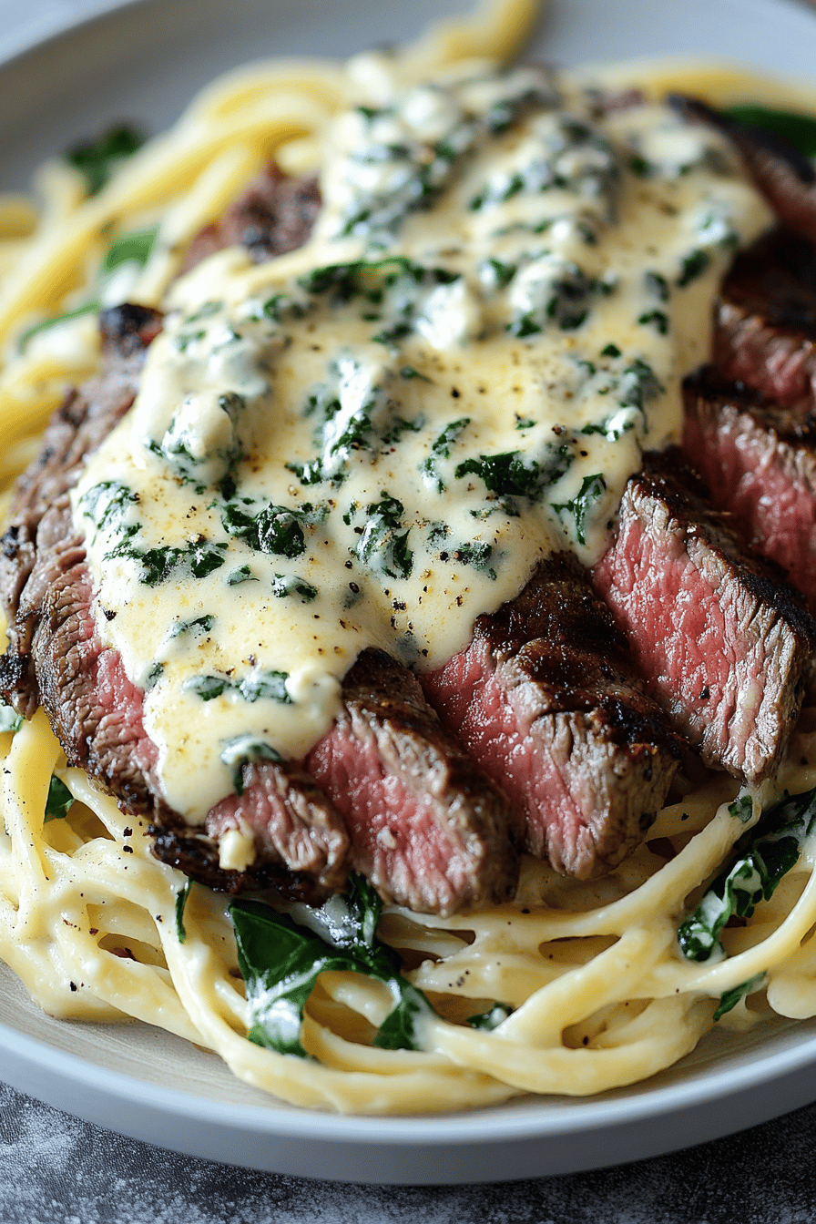 Steak Gorgonzola Alfredo ingredients organized and measured on kitchen counter