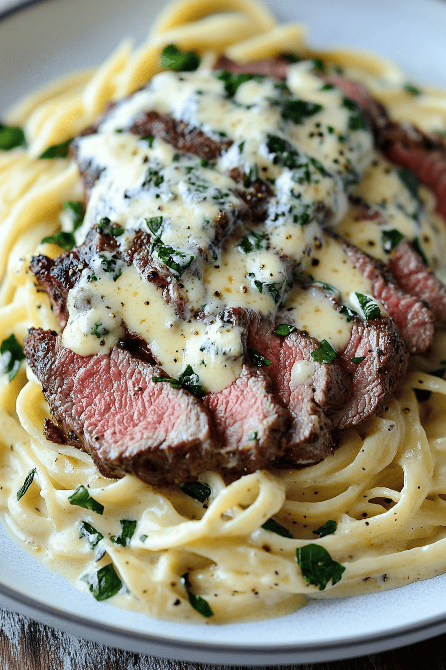 Steak Gorgonzola Alfredo final dish beautifully presented and ready to serve