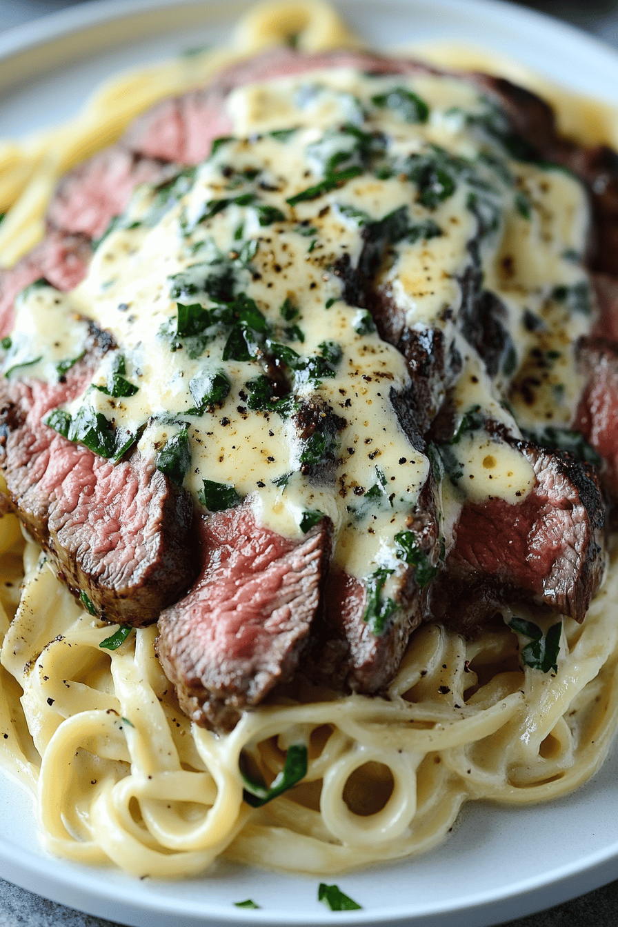 Steak Gorgonzola Alfredo slice on plate showing perfect texture and swirl pattern