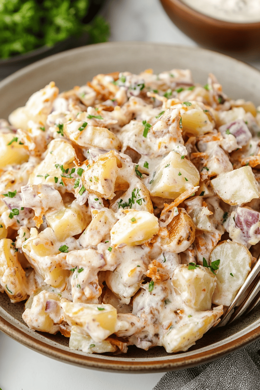 Steakhouse Potato Salad slice on plate showing perfect texture and swirl pattern