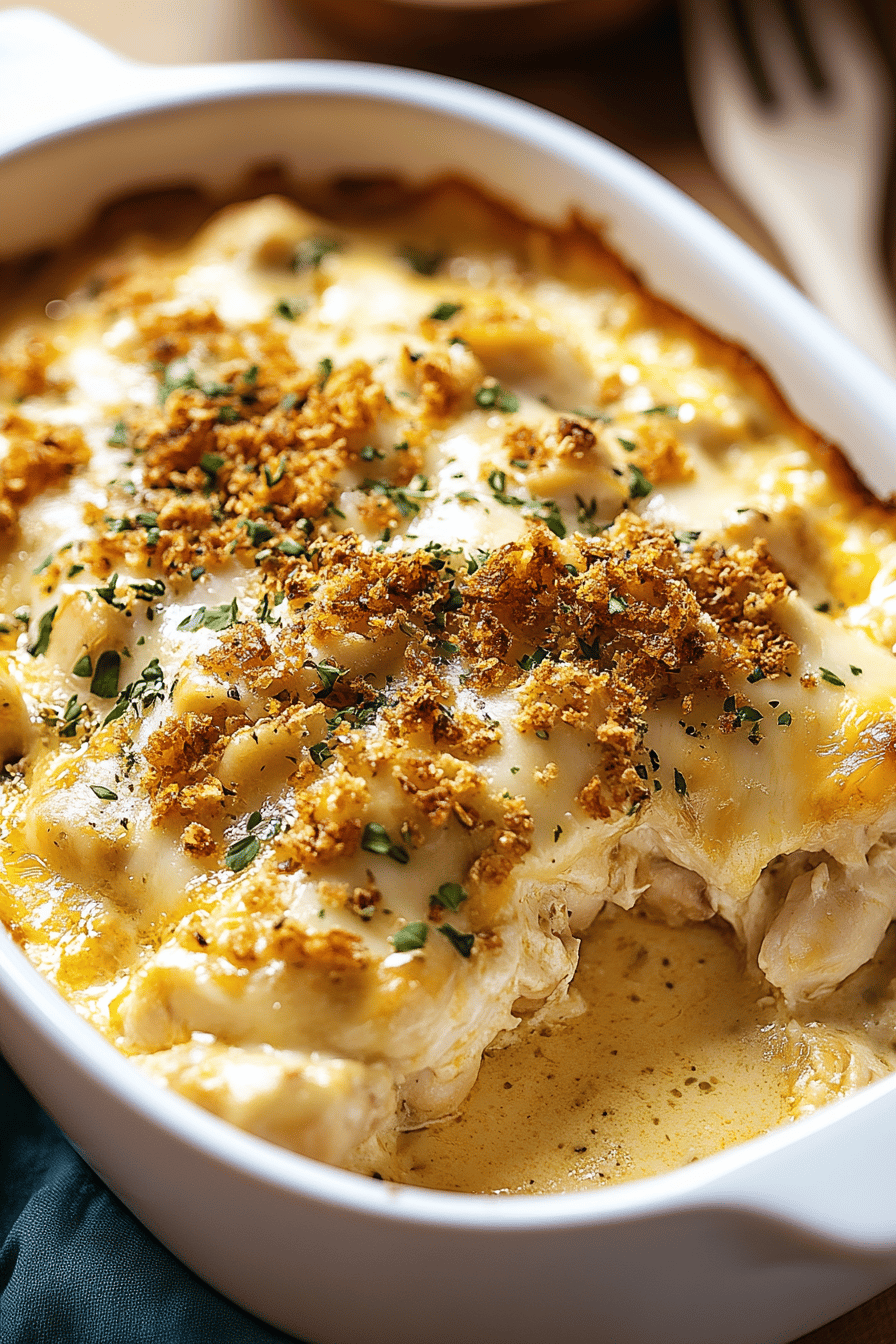 Swiss Chicken Casserole final dish beautifully presented and ready to serve