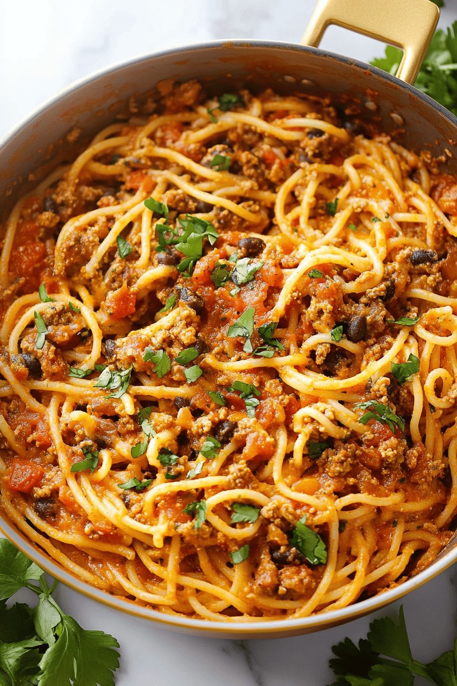Taco Spaghetti ingredients organized and measured on kitchen counter