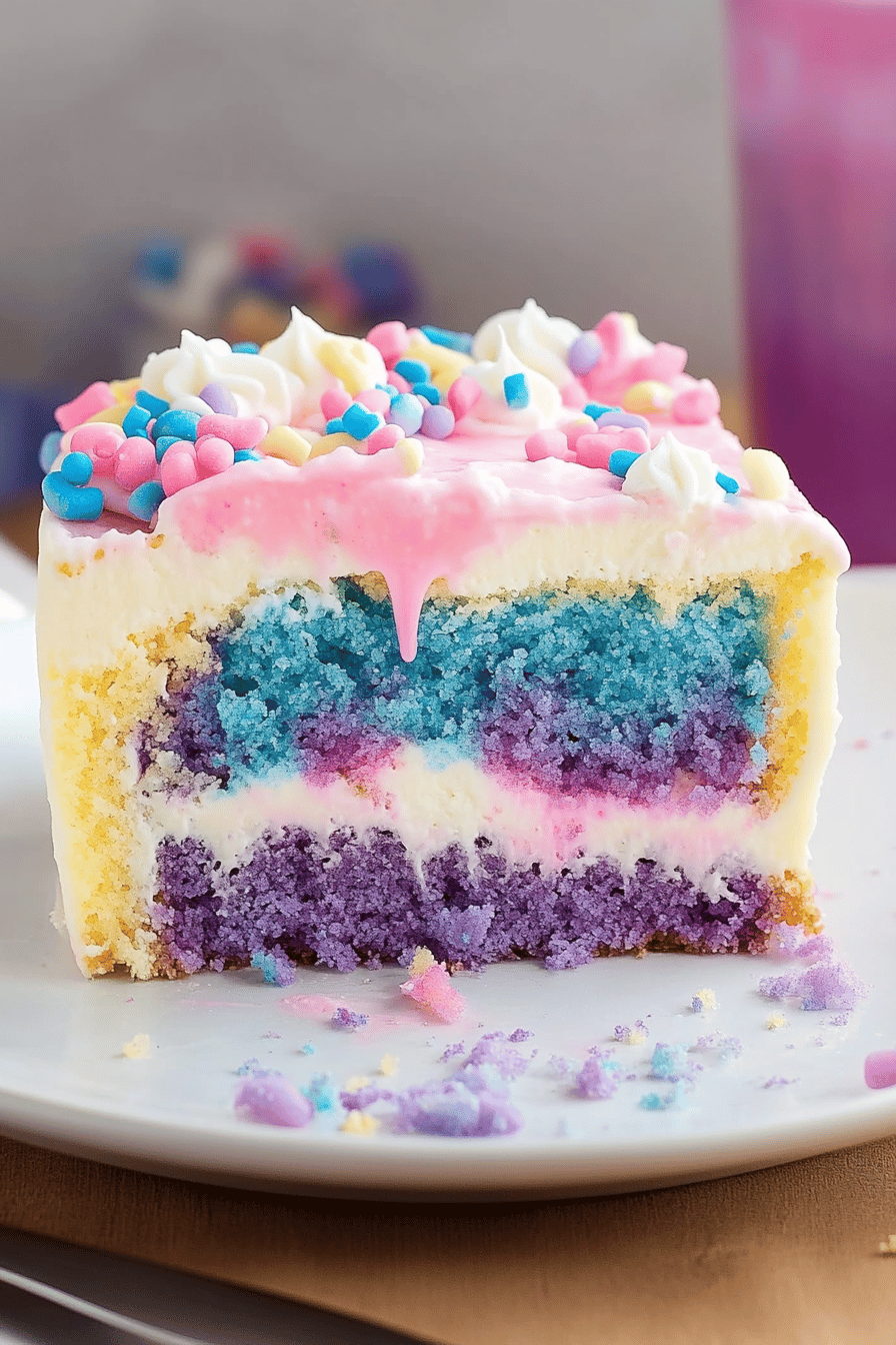 Unicorn Poke Cake final dish beautifully presented and ready to serve