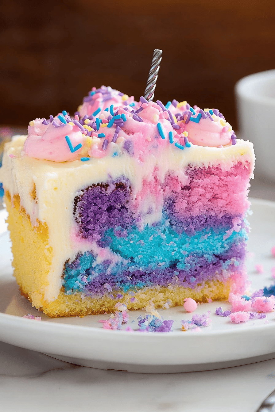 Unicorn Poke Cake final dish beautifully presented and ready to serve