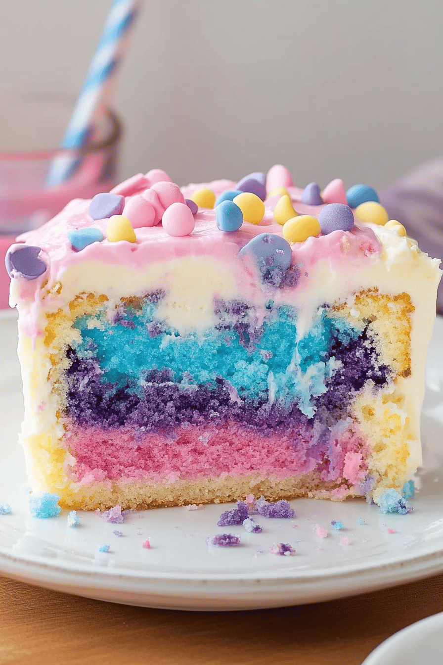 Unicorn Poke Cake slice on plate showing perfect texture and swirl pattern
