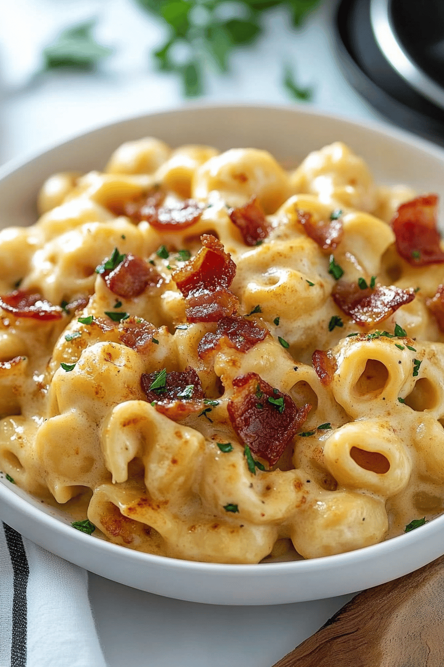 bacon mac and cheese ingredients organized and measured on kitchen counter