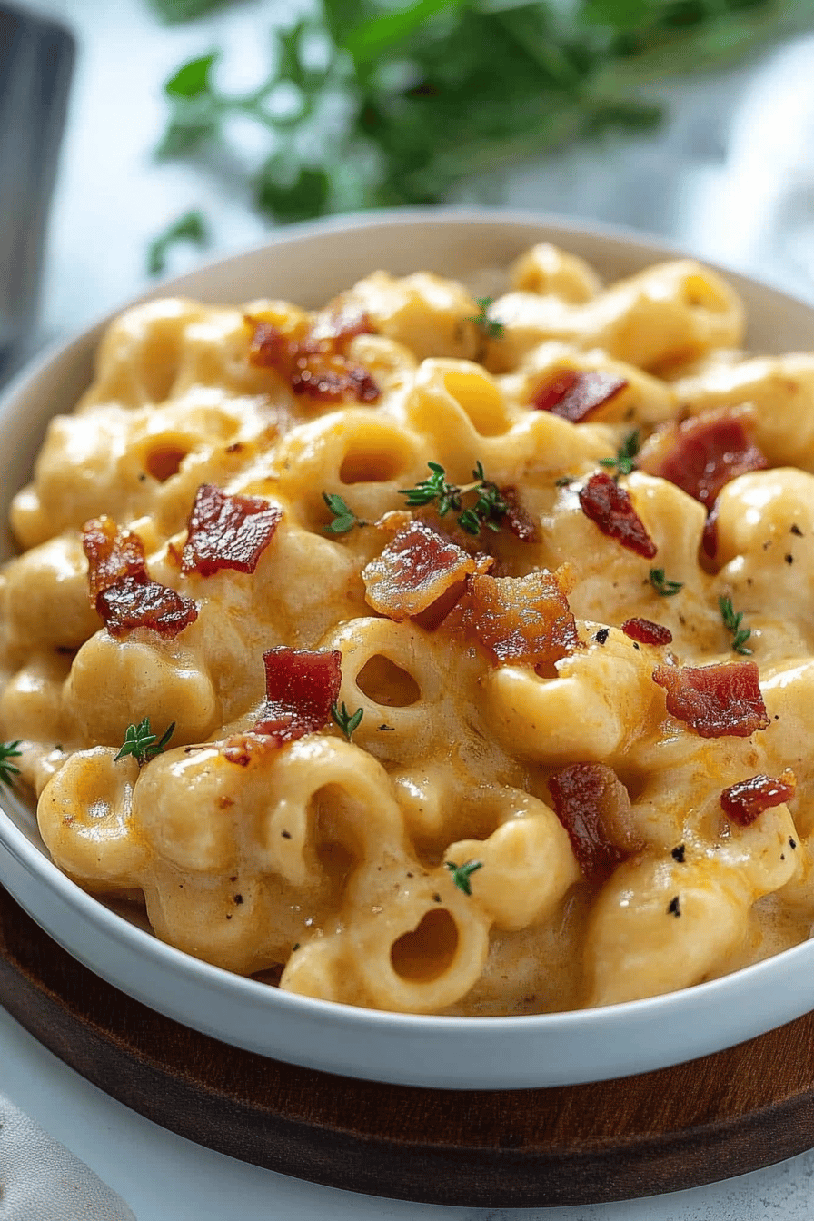 bacon mac and cheese final dish beautifully presented and ready to serve