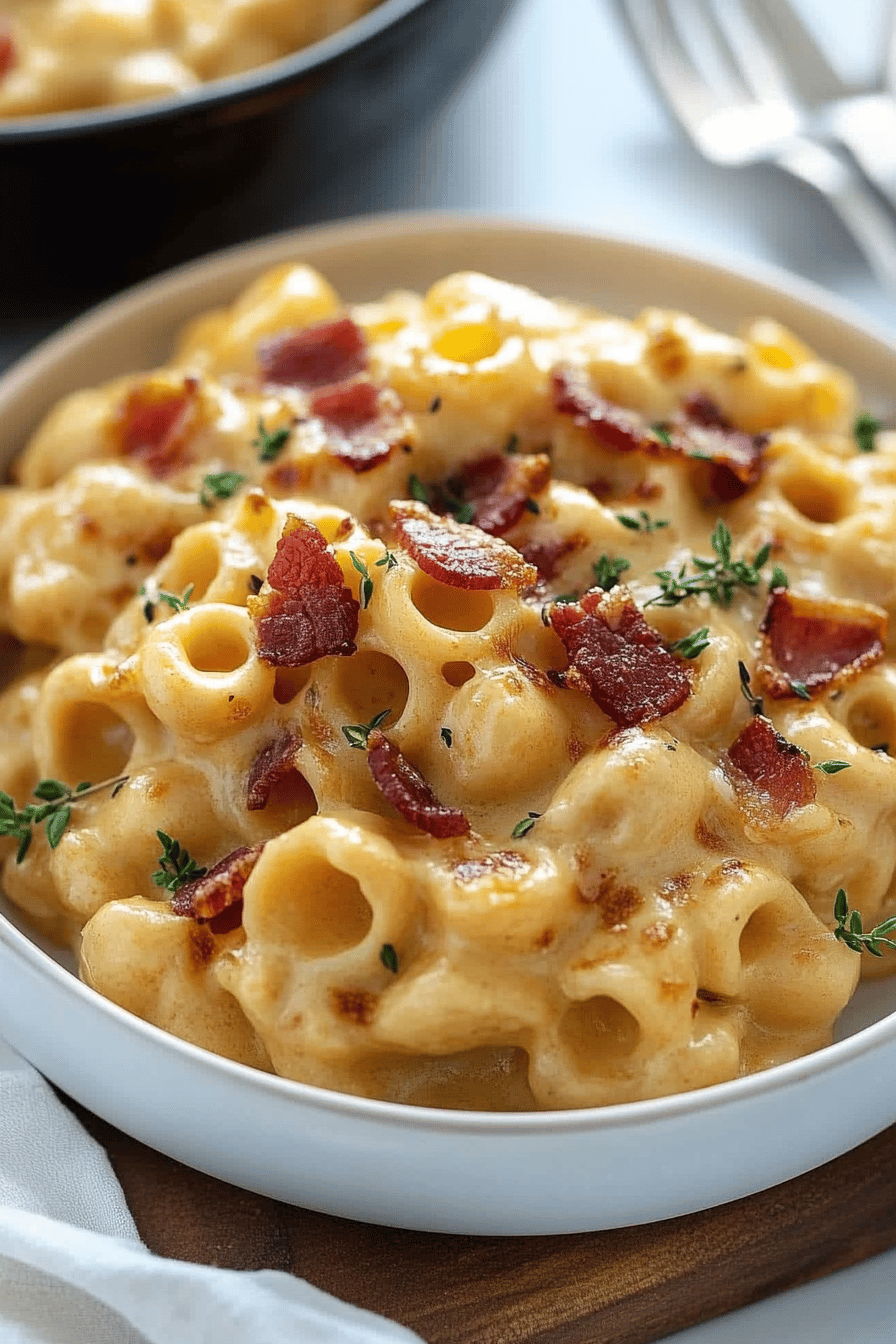 bacon mac and cheese slice on plate showing perfect texture and swirl pattern