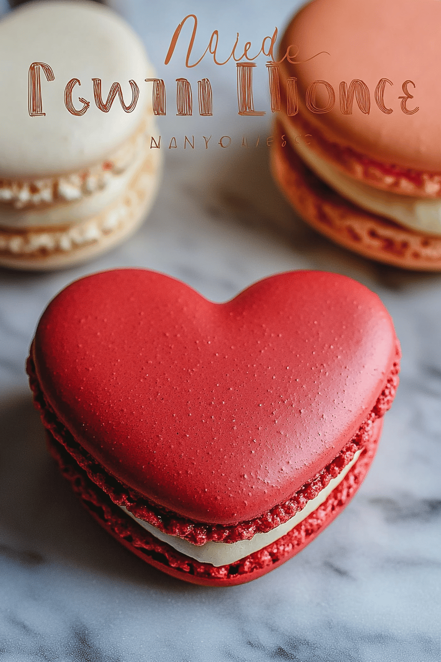heart-shaped macarons slice on plate showing perfect texture and swirl pattern
