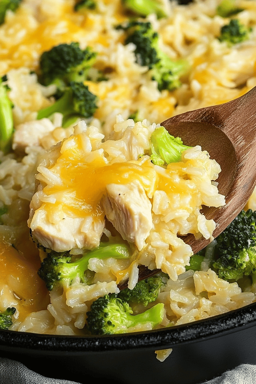one-pot cheesy chicken broccoli rice ingredients organized and measured on kitchen counter