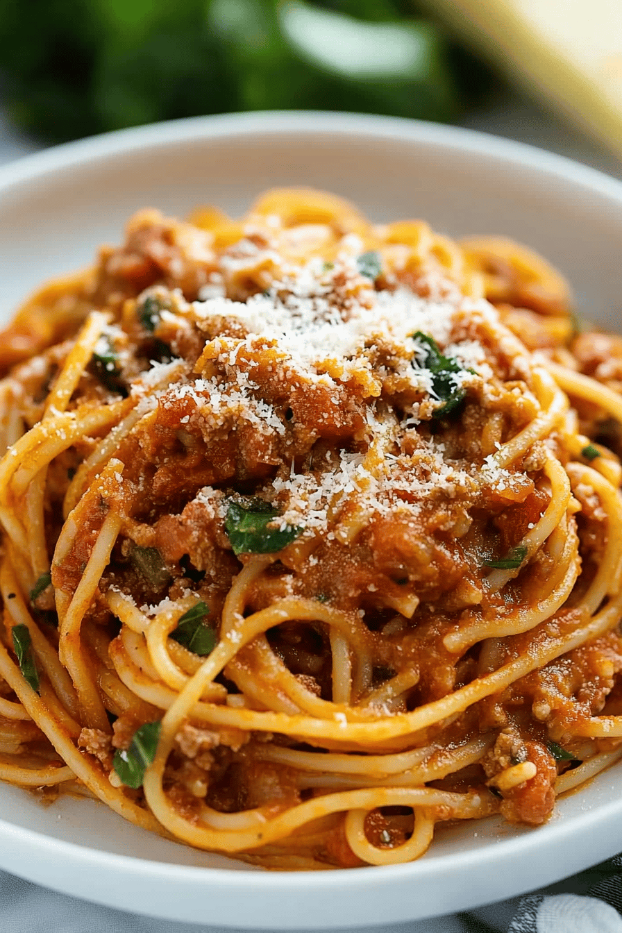 one-pot spaghetti ingredients organized and measured on kitchen counter