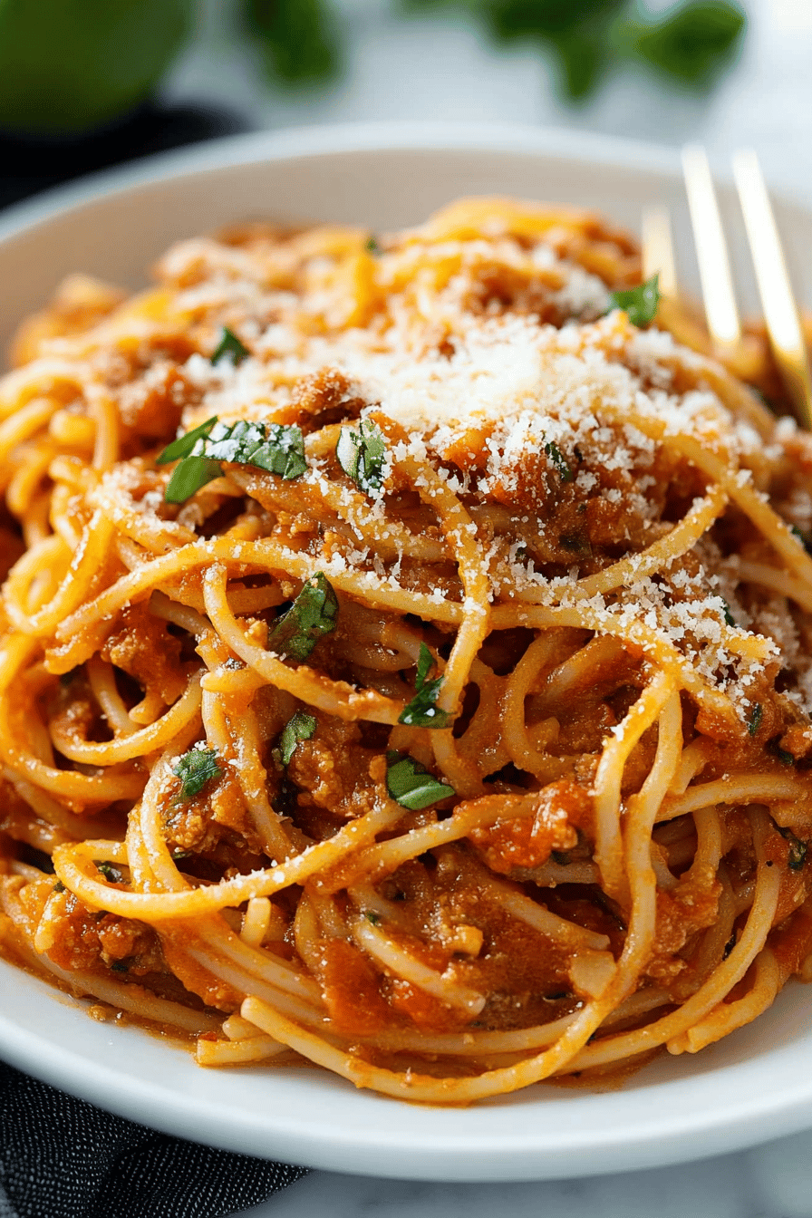 one-pot spaghetti final dish beautifully presented and ready to serve