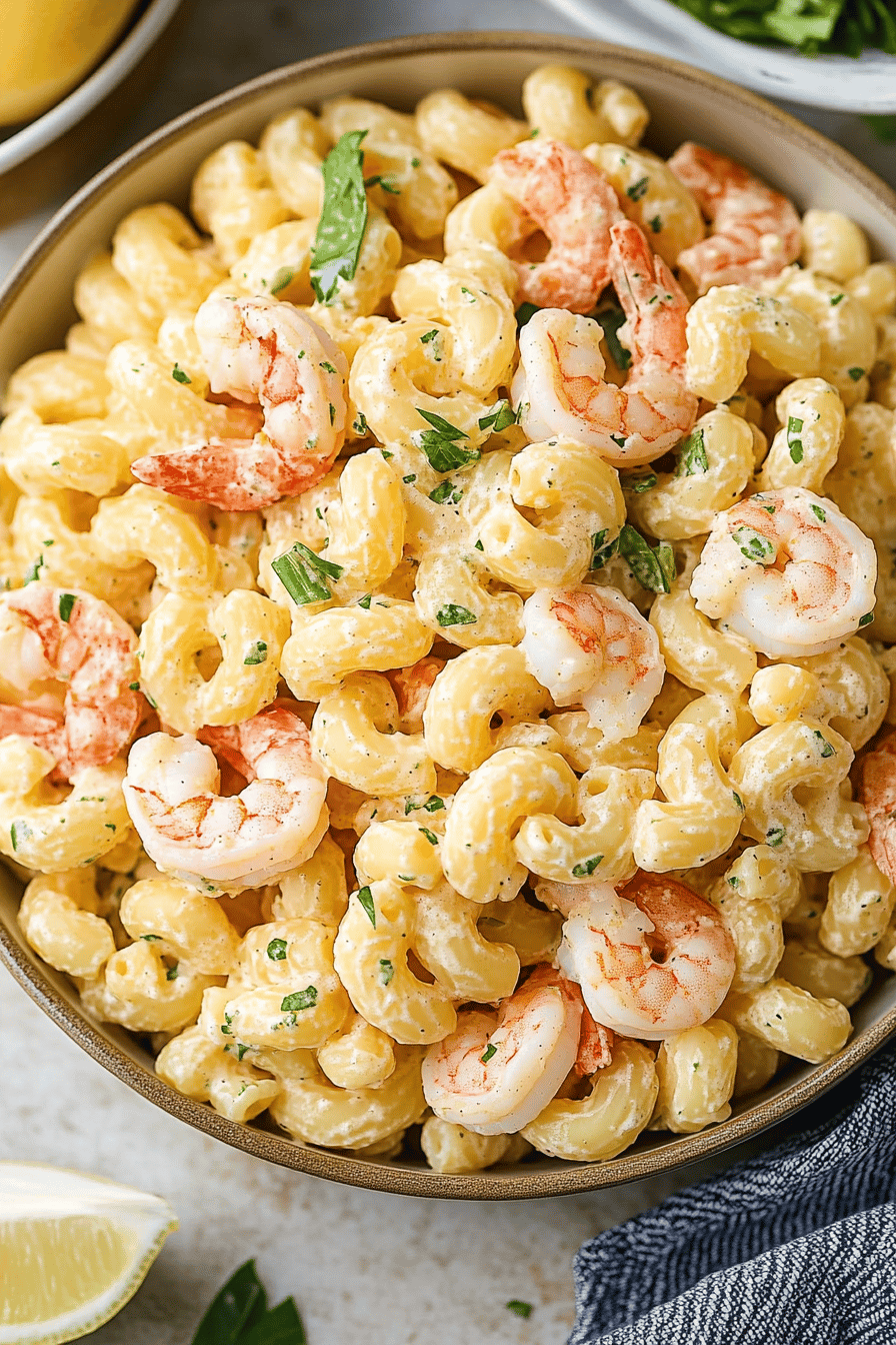 shrimp macaroni salad final dish beautifully presented and ready to serve