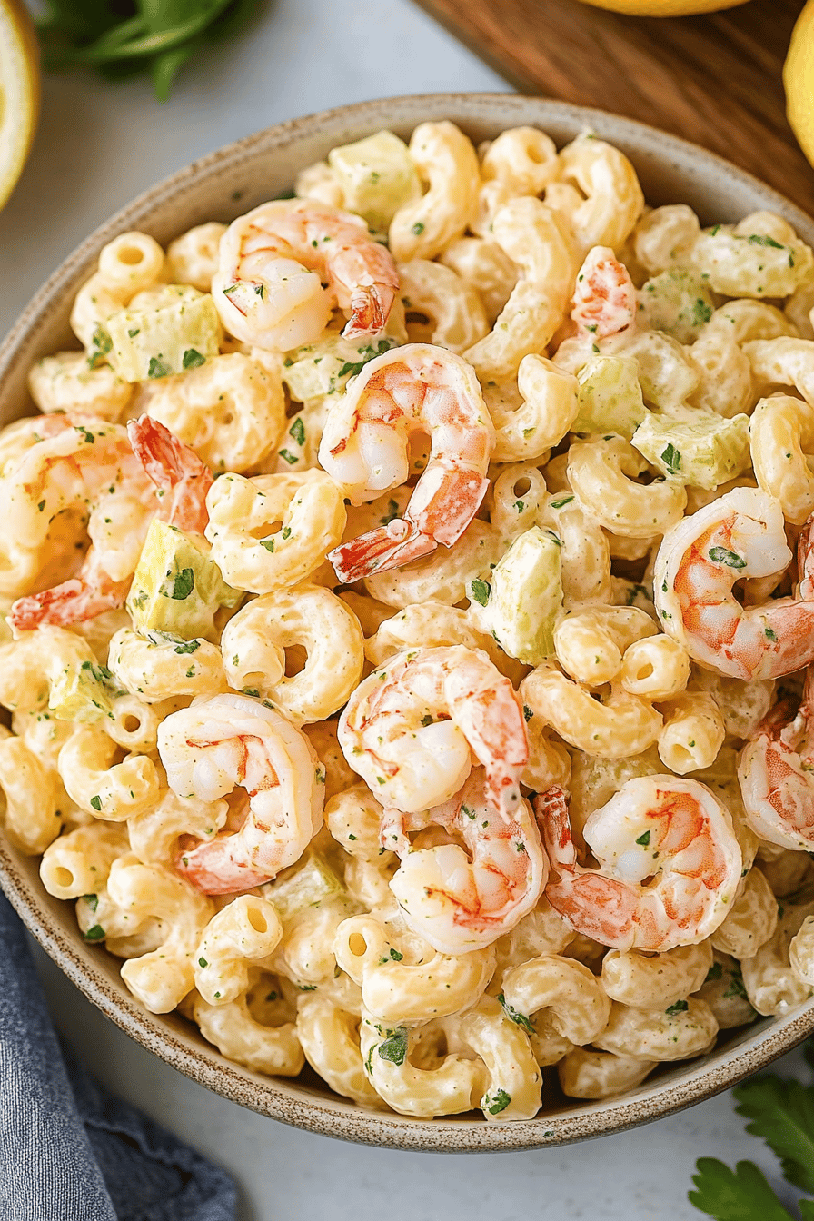 shrimp macaroni salad slice on plate showing perfect texture and swirl pattern