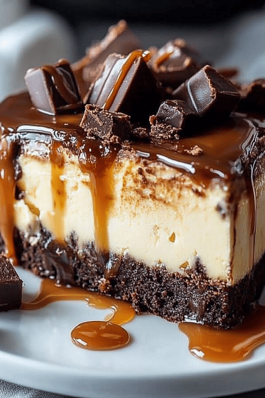 Caramel brownie cheesecake slice on plate showing perfect texture and swirl pattern