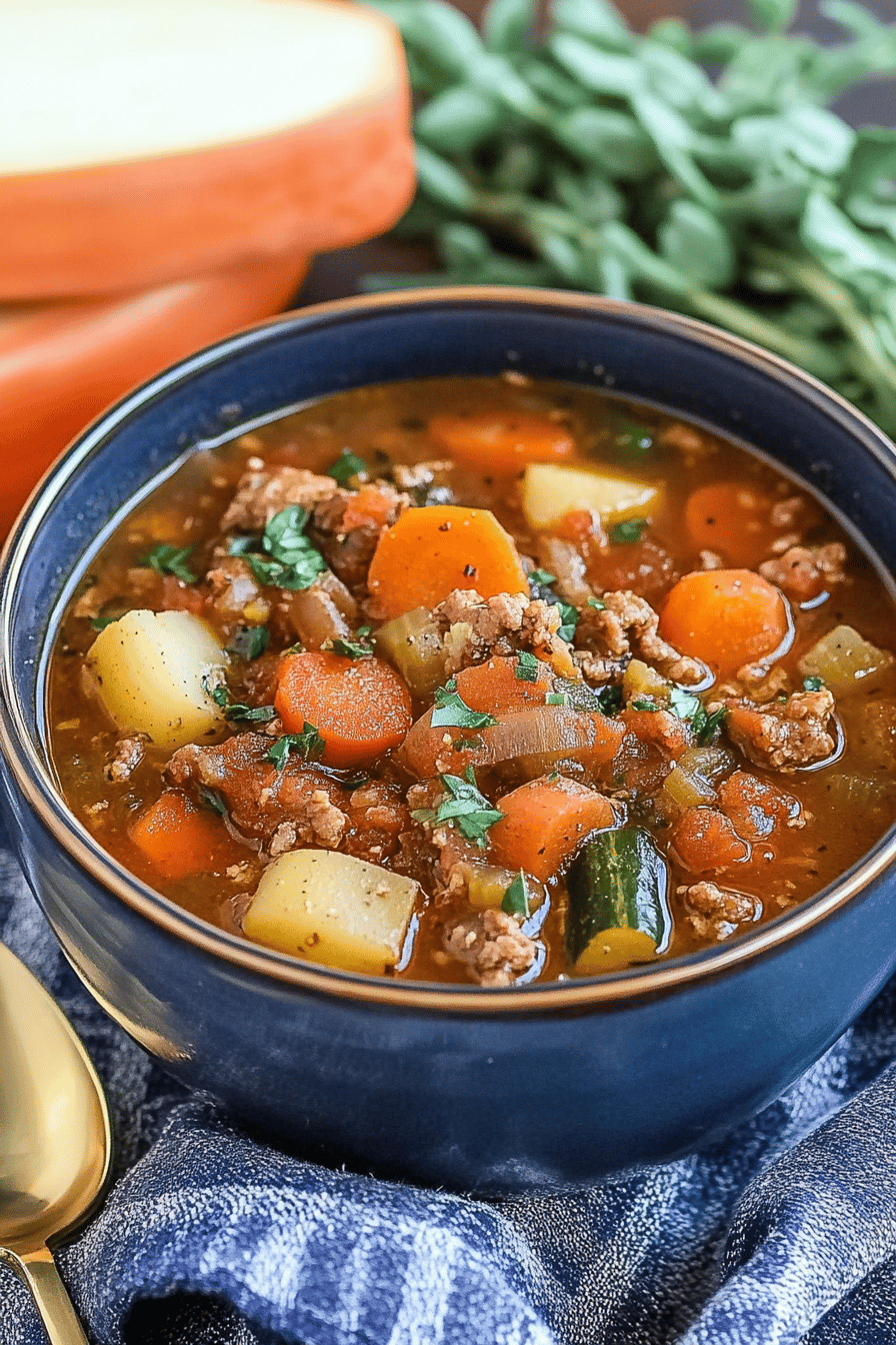 Sausage soup slice on plate showing perfect texture and swirl pattern