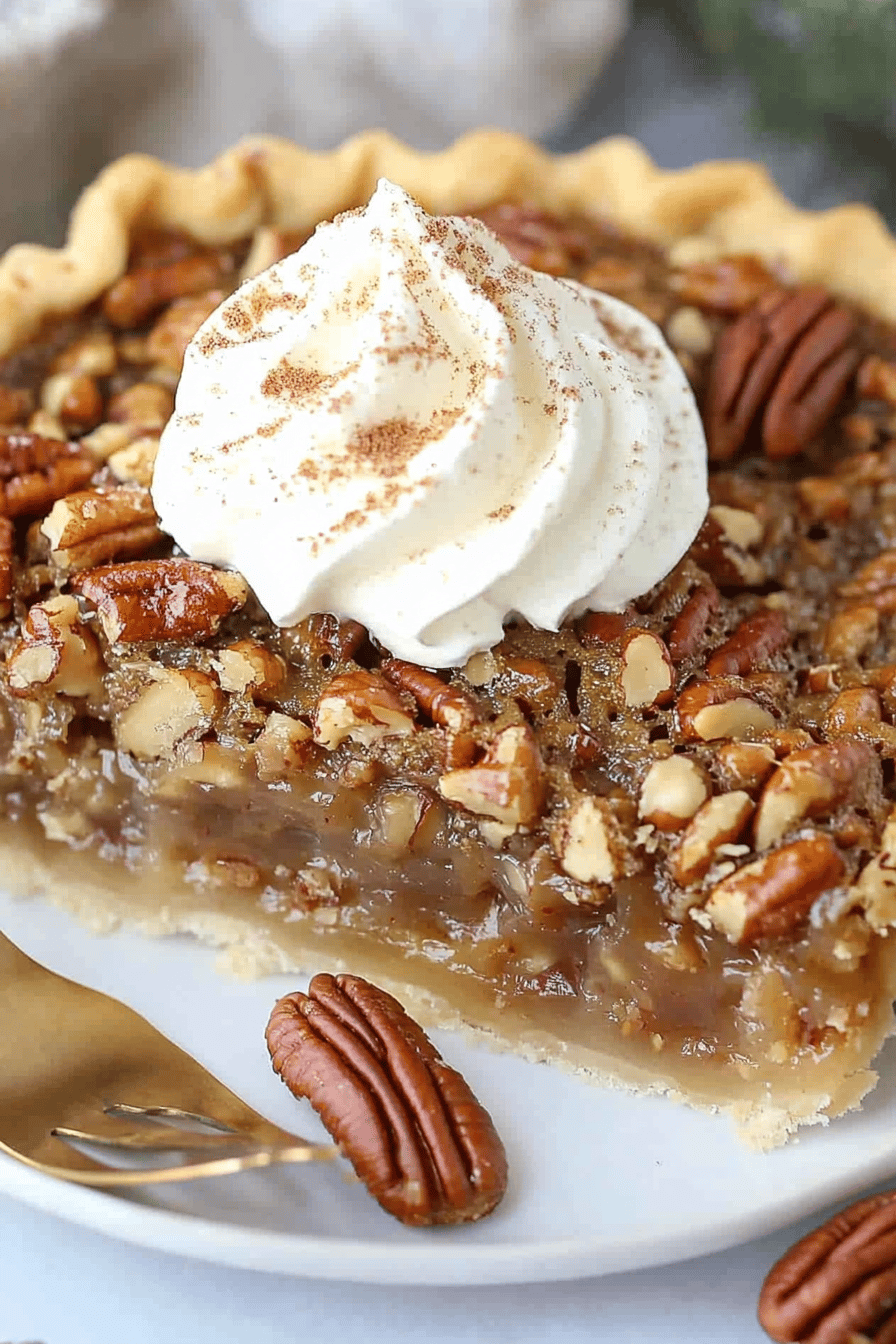 maple pecan pie slice on plate showing perfect texture and swirl pattern