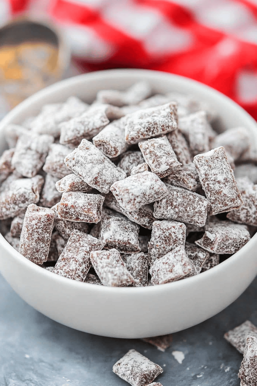 puppy chow recipe slice on plate showing perfect texture and swirl pattern