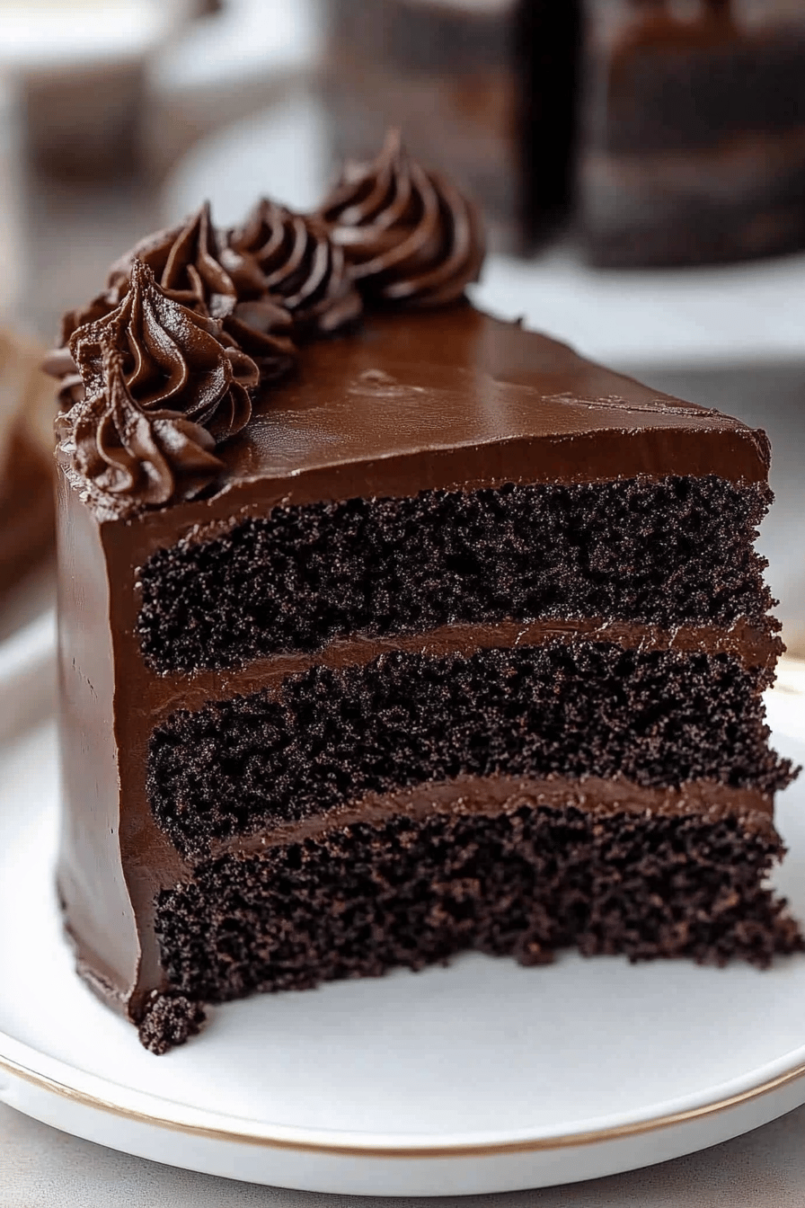 Black velvet cake slice on plate showing perfect texture and swirl pattern